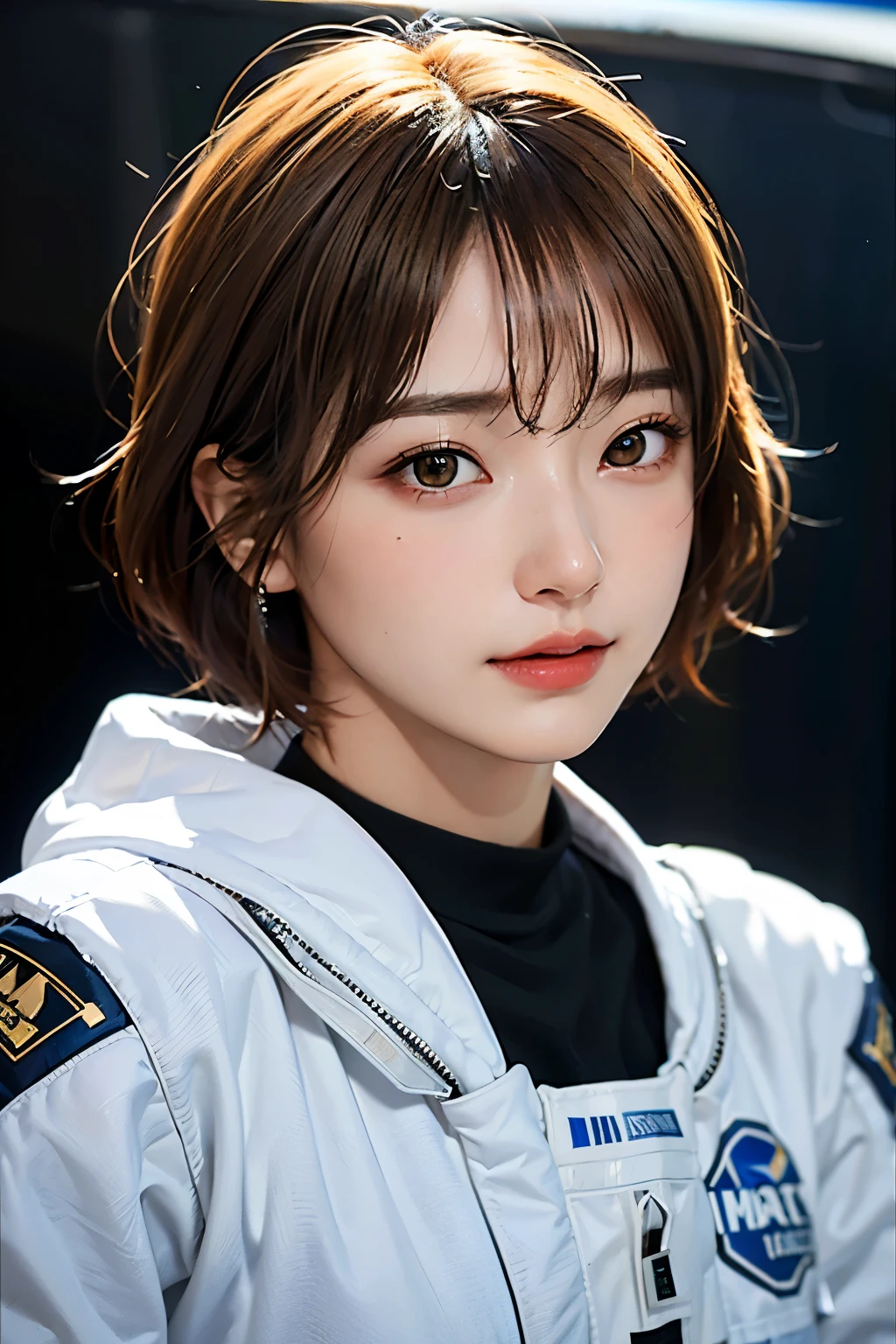 highest quality、masterpiece、ultra high resolution、(real:1.4)、Beautiful woman１、Beautiful details of eyes and skin、light brown short cut hair、small smile、latest space suit、space station、spaceship、Remains、cloudy sky、