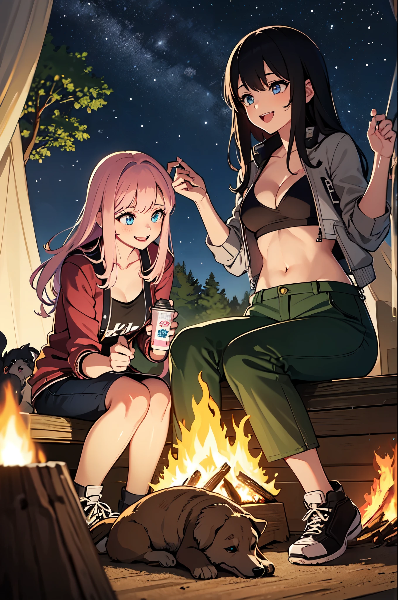 2 women, long hair, soft blue eyes, long eyelashes, perfect breasts, Open jackets, pink crop-tops, cargo pants , sitting, hiking shoes, sitting, petting dog, camping, cabin tent, night, stars, barbecue, smiling, nature, forest, campfire, wood, vegon food,