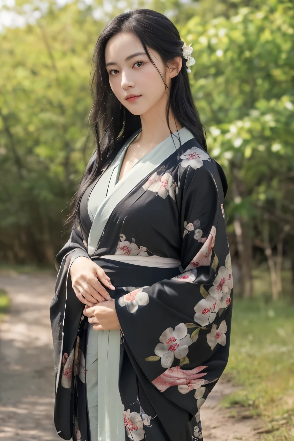 (8K, Raw photo, highest quality, masterpiece:1.3),(realistic, photo-realistic:1.37),realistic skin texture,(photorealistic:1.3),(hyperrealistic:1.2),
1 cute girl,alone,( beautiful eyes:1.2),perfect face,Are standing,black hair,long hair,outdoor,kimono、visiting