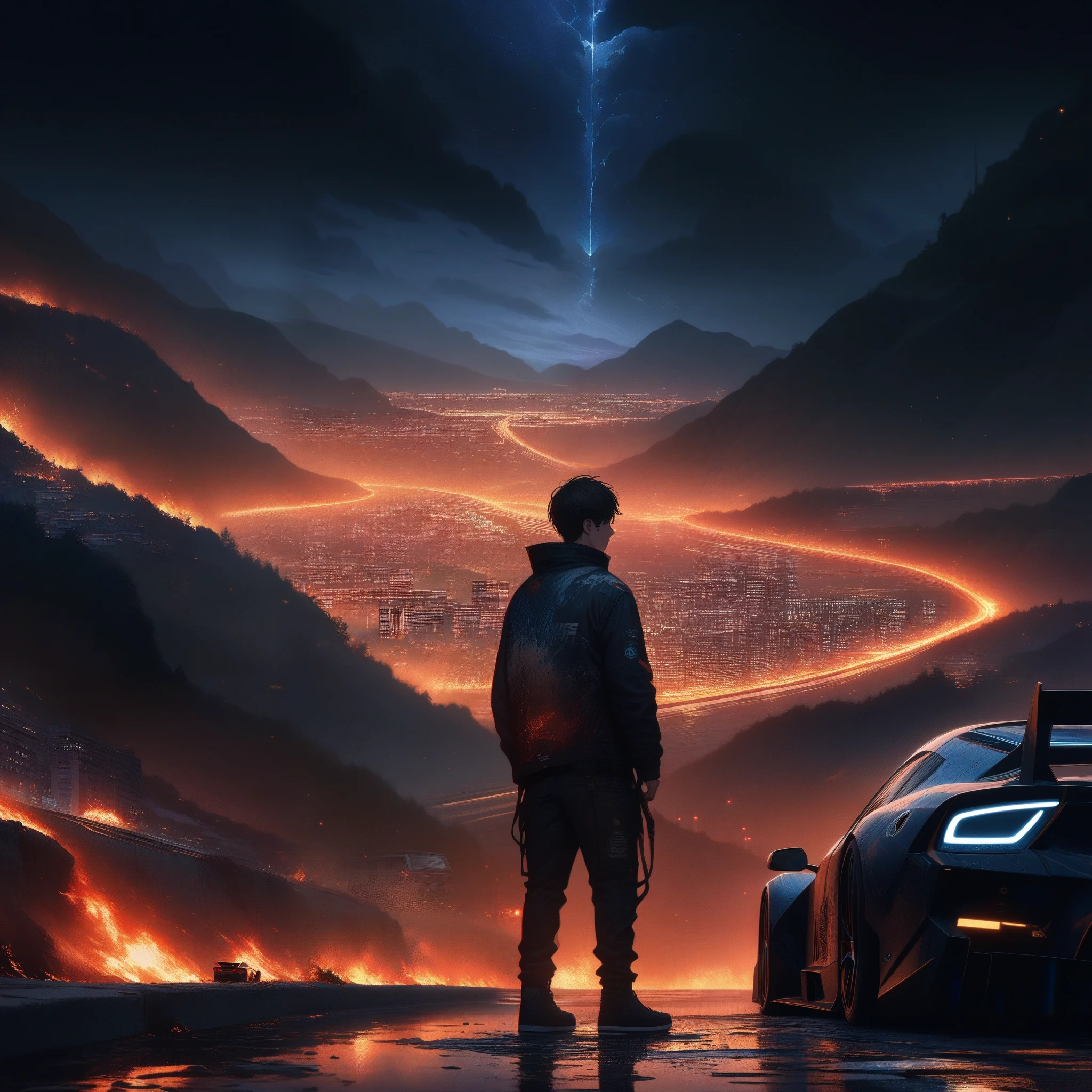 a young man standing next to a drift racing car staring into the distance from a hillside road, detailed city on fire far away, night sky, nighttime, beautiful night skies, back view, digital art, dark atmosphere, ultra details, 8k, apocalyptic image, ultra detail, broken streetlights, detailed water puddles.