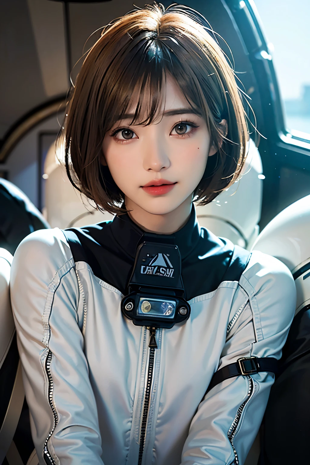 highest quality、masterpiece、ultra high resolution、(real:1.4)、Beautiful woman１、Beautiful details of eyes and skin、light brown short cut hair、small smile、latest space suit、space station、spaceship、Remains、cloudy sky、