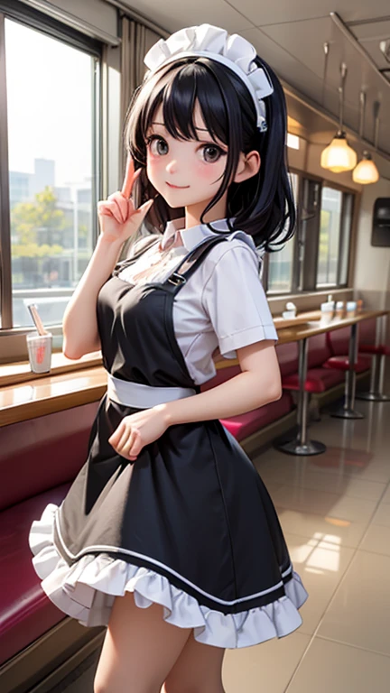20yo、one woman、waitress working at diner、roller skates、frilly apron、black dress、Corone Hair、loose socks、transparency、Person in the center、pale light、cute、headdress、Cute Pose