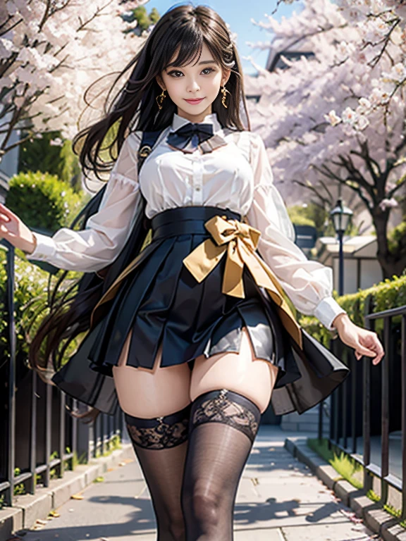 ((whole body)), ((from below)), ((walk in the park)), ((realistic)), 1 girl, looking at viewer, detailed scene, straight hair, air bang, beautiful hair accessories, brownish yellow hair, ((white colored blouse, Short tight skirt, neck bow tie, high heel)), (Campus Style), warm lighting, warm color palette, More details, very detailed, (masterpiece, best quality), (Very detailed and beautiful work), delicate earrings, delicate necklace, simple blurred background, extreme detail description, Ultra-fine painting, delicate face, slim body, (smile, tooth exposure), (anatomy correct), Big and attractive breasts, stockings, Cherry Blossom, thin waist, high heel이 보이다