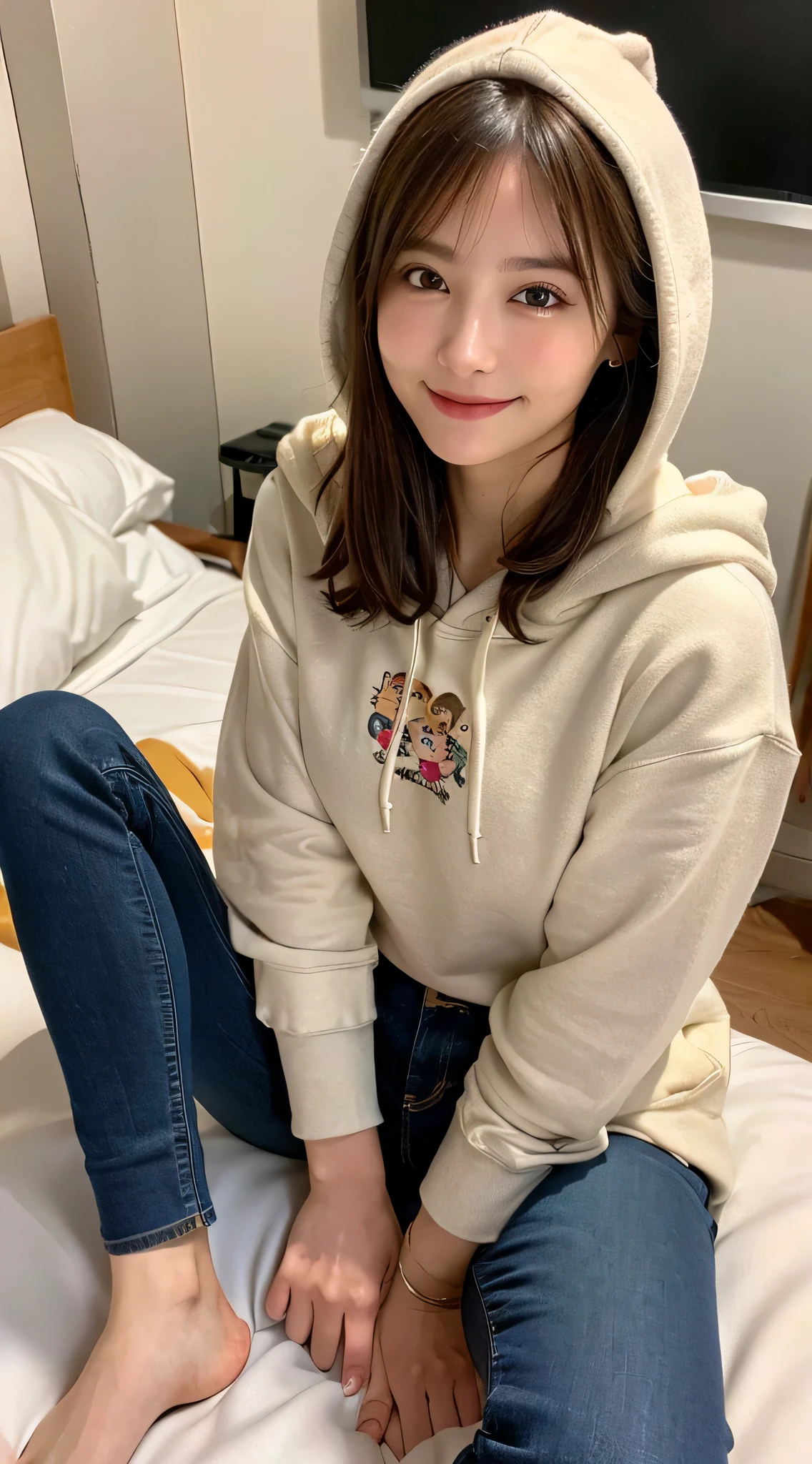 Seed 4127110832,((ung and beautiful girl: 1.4)),(8K, RAW photo, highest quality, table top: 1.2),cinematic light,brown hair,detailed and beautiful eyes,huge breasts, light makeup,(Surface details:1.3),(gentle smile),(Casual hoodie and jeans:1.3),(Cute decorated home setting:1.3),(Sitting cross-legged on the bed:1.3),(From above)