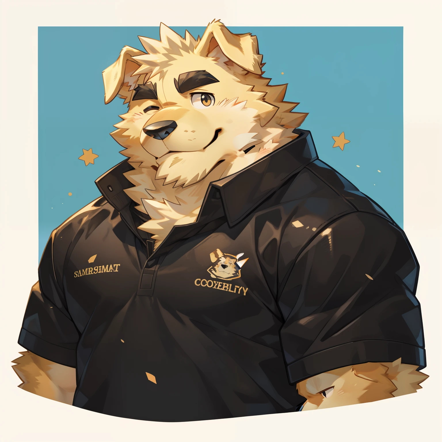 Scribble golden retriever face,cute face,Humanity(golden retriever), (black eyebrows:1.3),Black casual clothes,(one eye closed:1.1),（Smile:1.2）,(perfect black eyes),(black beard),simple background, blue background,print style。（Artist:Takemoto Arashi）