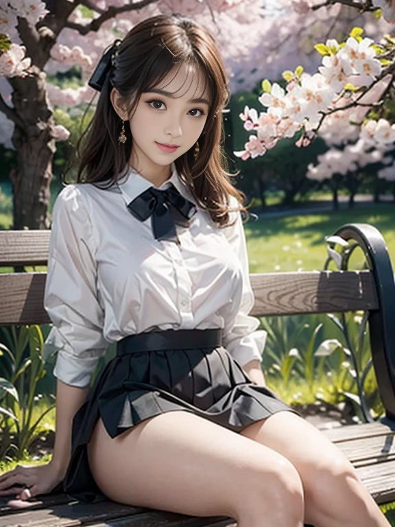 ((whole body)), ((from below)), ((sitting on a park bench)), ((realistic)), 1 girl, looking at viewer, detailed scene, straight hair, air bang, beautiful hair accessories, brownish yellow hair, ((white colored blouse, Short tight skirt, neck bow tie, high heel)), (Campus Style), warm lighting, warm color palette, More details, very detailed, (masterpiece, best quality), (Very detailed and beautiful work), delicate earrings, delicate necklace, simple blurred background, extreme detail description, Ultra-fine painting, delicate face, slim body, (smile, tooth exposure), (anatomy correct), Big and attractive breasts, stockings, Cherry Blossom, thin waist, high heel이 보이다
