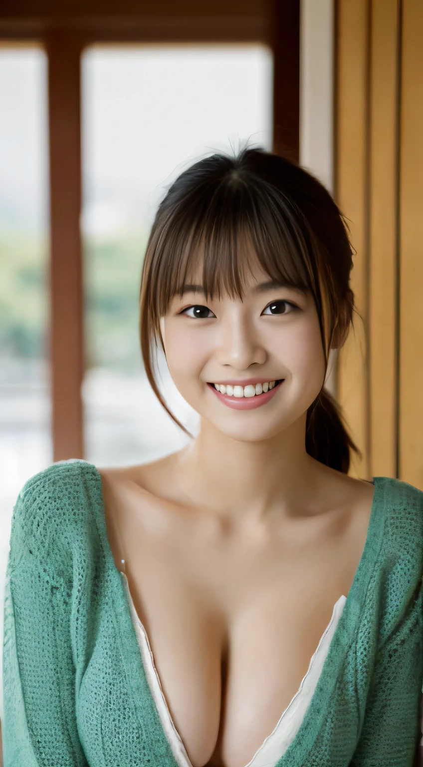 masterpiece,best quality,(Japanese ),((Beautiful girl)),cleavage,indoor,(perfect body beauty:1.2),(shy smile),beautiful teeth,