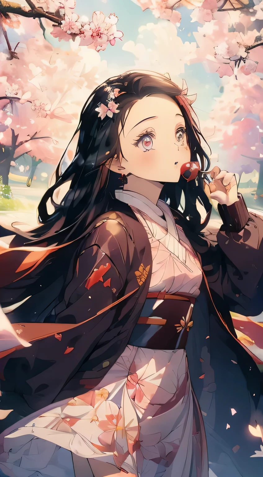 ((((masterpiece)))), best quality, very_high_resolution, large_filesize, full color, Cherry blossom trees, cherry blossom petals, Nezuko, Chibi, Full of light, Bokeh, Looking up at the cherry blossom trees, chibi, open your mouth, A lot of sparkling cherry blossoms falling,