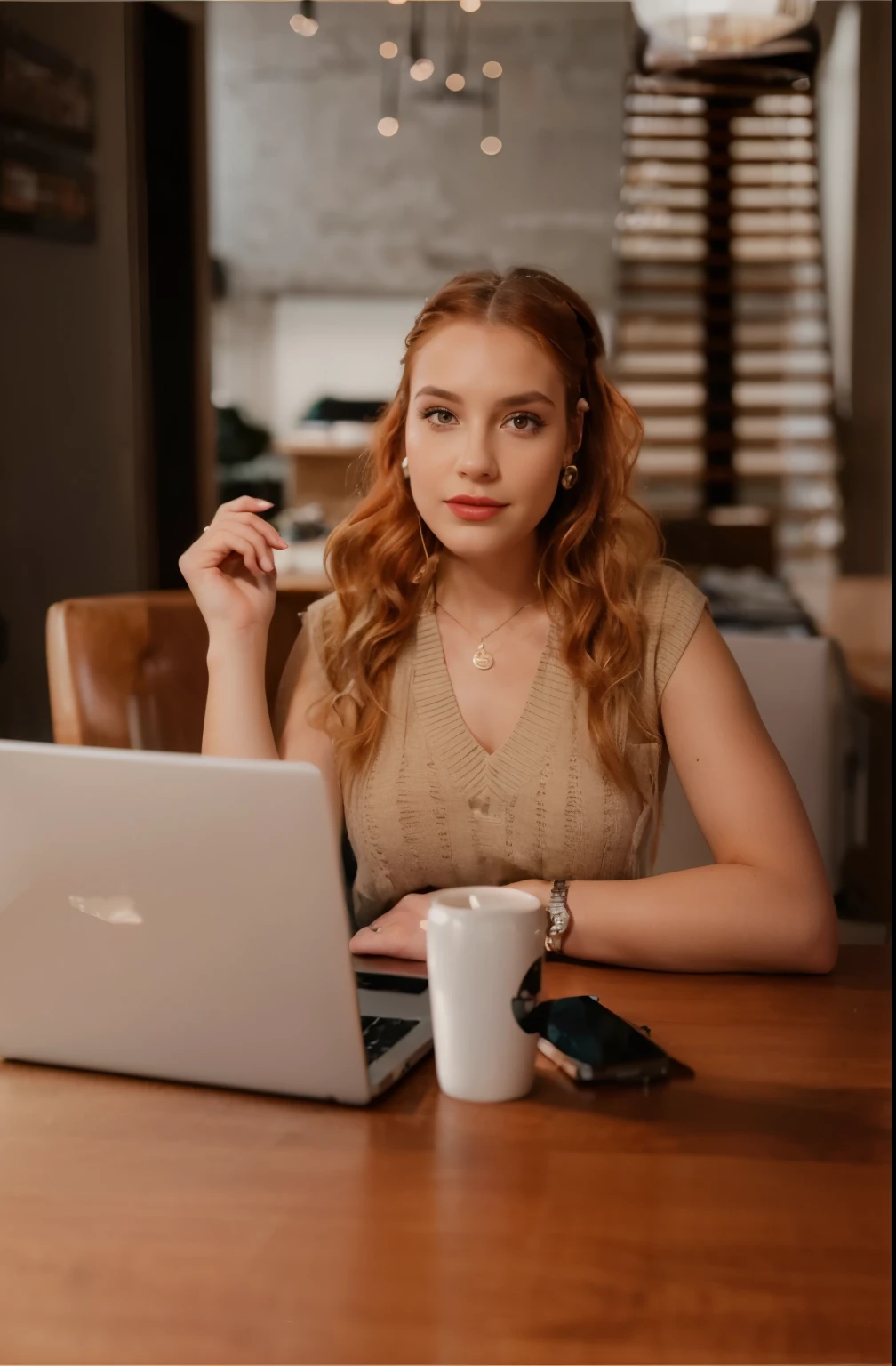 Beautiful girl with red hair, Girl in the office,Woman sitting at the table, chic wavy hair, Lighting on the left, realism, Hand on the table, business photo, Gorgeous girl, Red lips, beautiful make-up, Girl in the office сидит за столом, On the table is a laptop, Girl looking at the camera, clear photo 