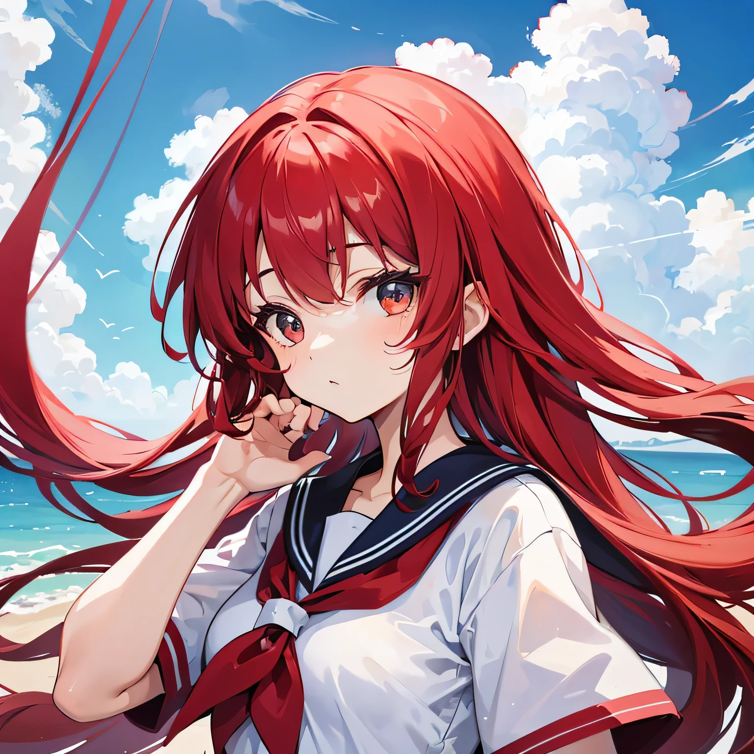A 17-year-old girl with long curly red hair in a sailor uniform opens her face to the front