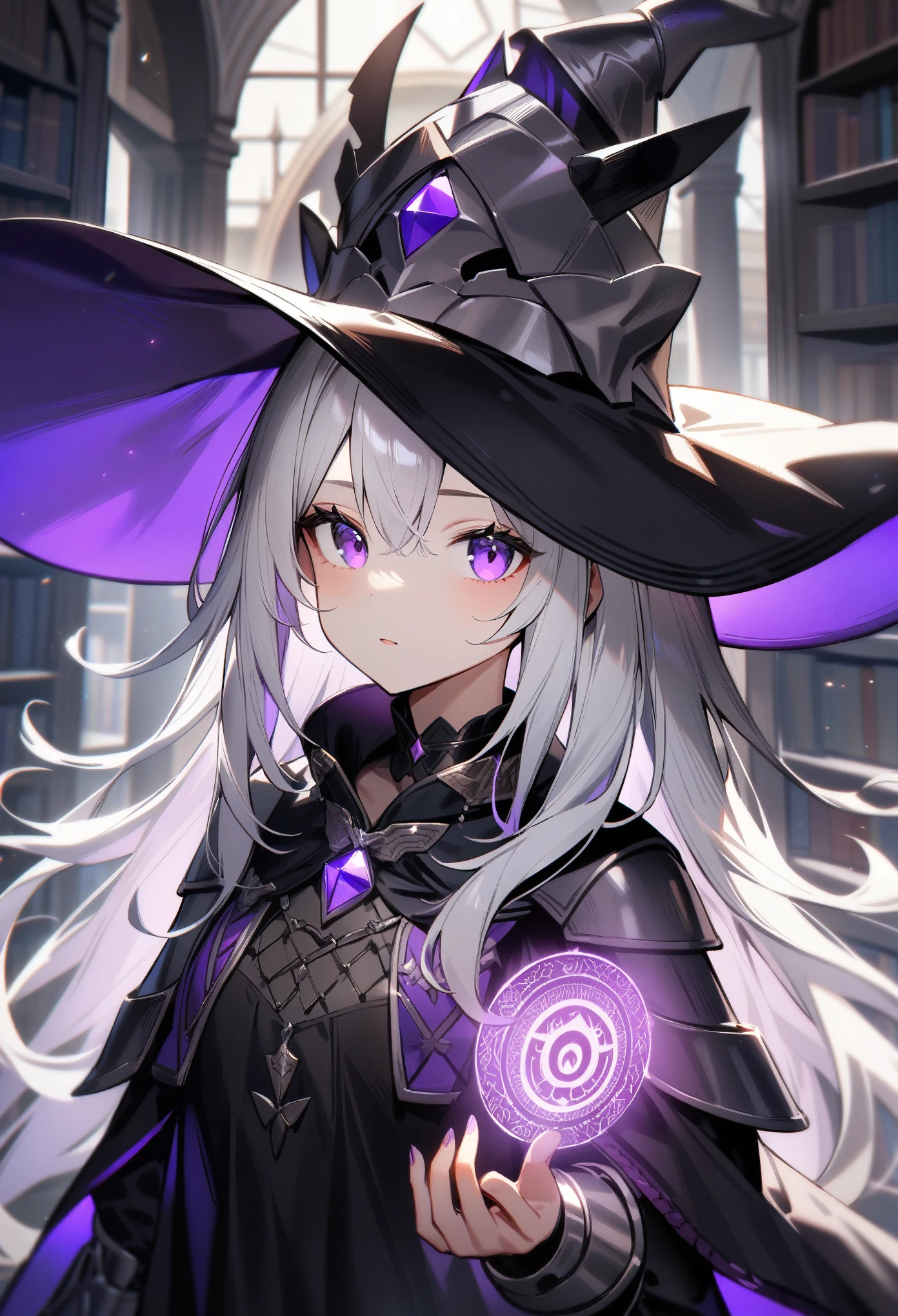 1girl,solo,Setsu,original,white hair,black dress,silver armor,purple eyes,witch,magic circle,library,ultra-detailed,sharp focus,aesthetic,(best quality)