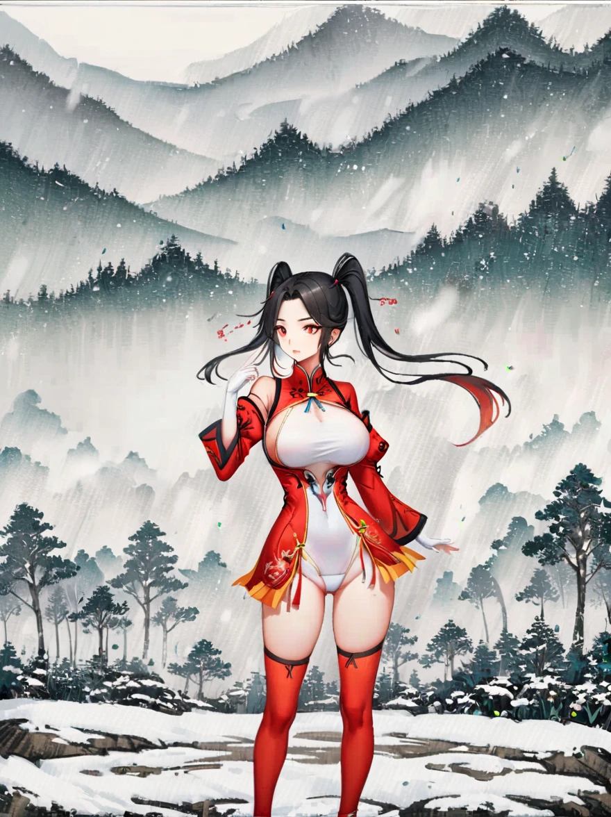 可爱ofGoblin,girl,1个girl,(((A bit,very smallof身体,very small))),((())),((动漫Goblin 有极其可爱和美丽of辫子头发)),(((Goblin,Goblin耳朵))),(((Big breasts))),((((black hair:1.35,Double ponytail hair,Dyeing inner hair,ear breathing)))),(((red eyes:1.3))),complexof眼睛,美丽细节of眼睛,对称of眼睛,big eyes:1.5,(((光滑of皮肤:1.5,明亮of皮肤: 1.5,黝黑of皮肤,闪亮of皮肤,非常闪亮of皮肤,闪亮of身体,plastic glitter skin,夸张of闪亮皮肤,发光of皮肤))),(详细of身体,(详细of面部)), 可爱of,of,大胆of,zettai ryouiki, 暴露of服装,露出你of皮肤,(((性感of红色毛皮大衣,Red fur coat suit,Wearing a red fur coat:1.3,Red winter coat))), ((red miniskirt,带毛边ofred miniskirt,Visible suspenders)),(Trouser suspenders),(White gloves,red clothes,half naked,带一点red clothes,(((raw edge clothes)))),(((complexof服装,complexof衣服,Embroidered clothing,华丽of服装,embroidered clothes,华丽of衣服))),(dynamic poses:1.0),Awkward,(center,Suitable proportions,rule of thirds),((下雪of松林)),winter,landscape:1.25,((complexoflandscape)),((Snow forest background)), (光滑of冬季装饰品),high resolution,clear focus,(super detailed,Very detailed),(Realistic艺术作品:1.37),(Very detailedofCG unity 8k壁纸),(((明亮of颜色,充满活力of主题))),(complex),(masterpiece),(highest quality),Artistic images,(由sldr拍摄of照片),(complexof背景),完美渲染of面部,完美of面部细节,Realisticof面部,photorealistic,analog style,(((complexof细节))),(((Realistic))), (((camel toe, white leotard)))