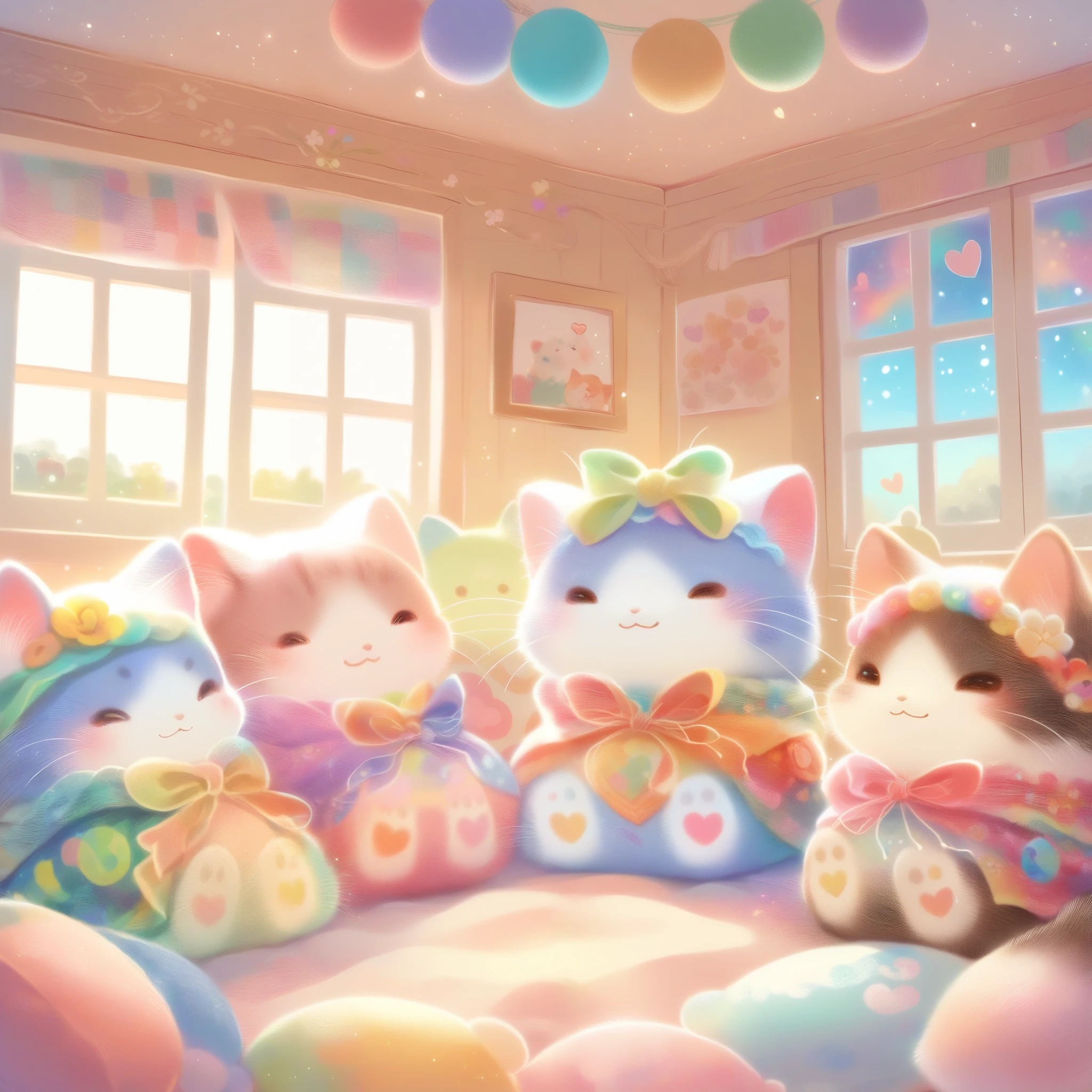 cuteAn illustration,Catの幼稚園,Catの親子:animal:cute:Snuggle up close:sleep:comfortable and warm:looks happy,An illustration,pop,colorfulに,color,dim,lamp light,Catの親子が眠っています:dream happy dreams,The room is warm and full of happiness,,colorful,fancy,fantasy,patchwork:quilt,Detailed details,fluffy,randolph caldecott style,Cat,最高にcuteCat,fluffyCat,豊富なcolor,Cast colorful spells,concentrated,Optimal configuration,perfect composition,accent,子供が喜ぶAn illustration,For children,Feel warm,wonderful like a dream,幸せで楽しそうなCat達,Children's Toys,dance,Children&#39;my room,group photo,a bit,Cast colorful spells,Sparkling,heart