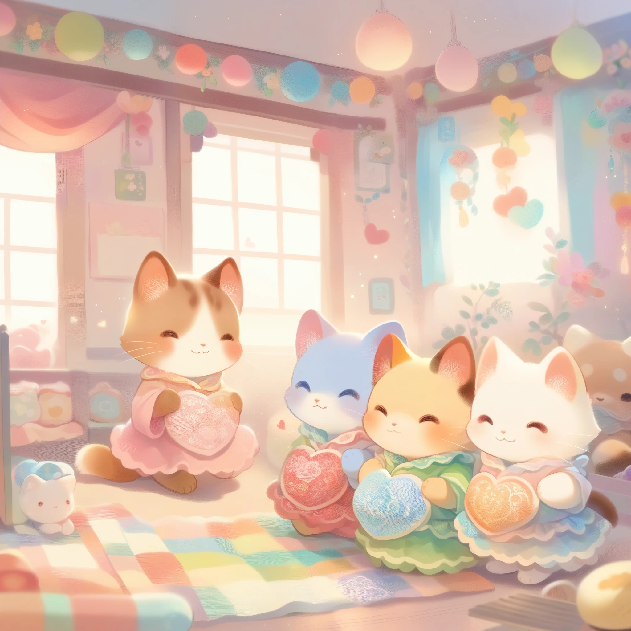 cuteAn illustration,Catの幼稚園,Catの親子:animal:cute:Snuggle up close:sleep:comfortable and warm:looks happy,An illustration,pop,colorfulに,color,dim,lamp light,Catの親子が眠っています:dream happy dreams,The room is warm and full of happiness,,colorful,fancy,fantasy,patchwork:quilt,Detailed details,fluffy,randolph caldecott style,Cat,最高にcuteCat,fluffyCat,豊富なcolor,Cast colorful spells,concentrated,Optimal configuration,perfect composition,accent,子供が喜ぶAn illustration,For children,Feel warm,wonderful like a dream,幸せで楽しそうなCat達,Children's Toys,dance,Children&#39;my room,group photo,a bit,Cast colorful spells,Sparkling,heart