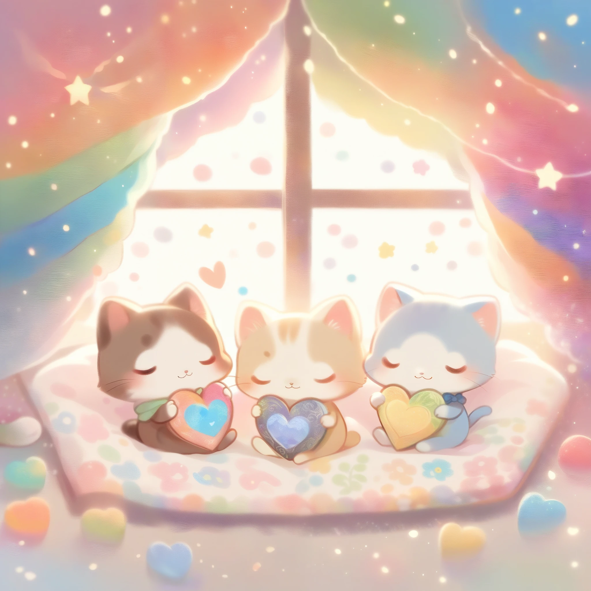 cuteAn illustration,Catの幼稚園,Catの親子:animal:cute:Snuggle up close:sleep:comfortable and warm:looks happy,An illustration,pop,colorfulに,color,dim,lamp light,Catの親子が眠っています:dream happy dreams,The room is warm and full of happiness,,colorful,fancy,fantasy,patchwork:quilt,Detailed details,fluffy,randolph caldecott style,Cat,最高にcuteCat,fluffyCat,豊富なcolor,Cast colorful spells,concentrated,Optimal configuration,perfect composition,accent,子供が喜ぶAn illustration,For children,Feel warm,wonderful like a dream,幸せで楽しそうなCat達,Children's Toys,dance,Children&#39;my room,group photo,a bit,Cast colorful spells,Sparkling,heart