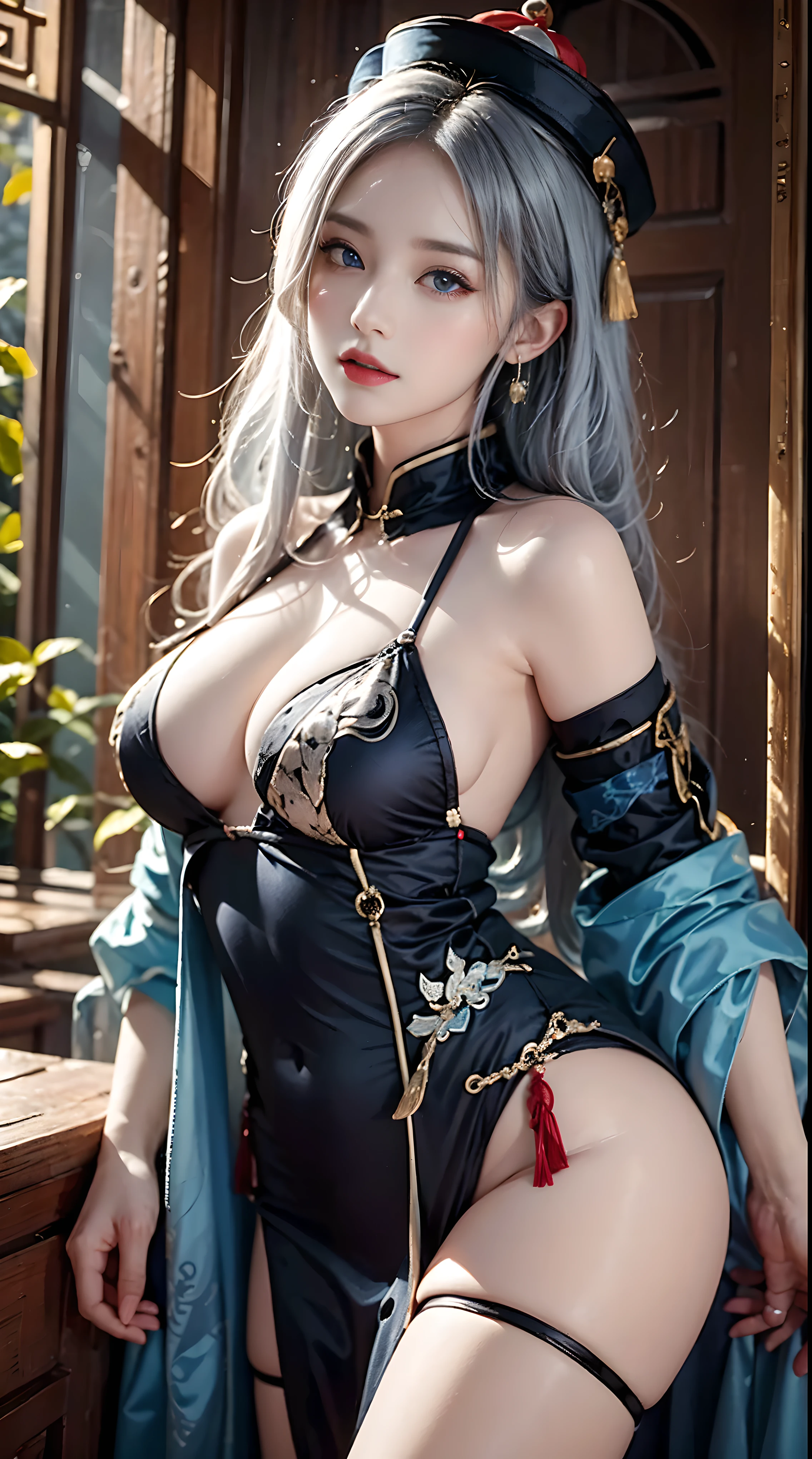 photorealistic, masterpiece, high resolution, soft light, mature female, silver hair, blue eyes, hips up, jewelry, jiangshi, qing_guanmao, breast curtains, ofuda on , china dress,qing guanmao,shibari