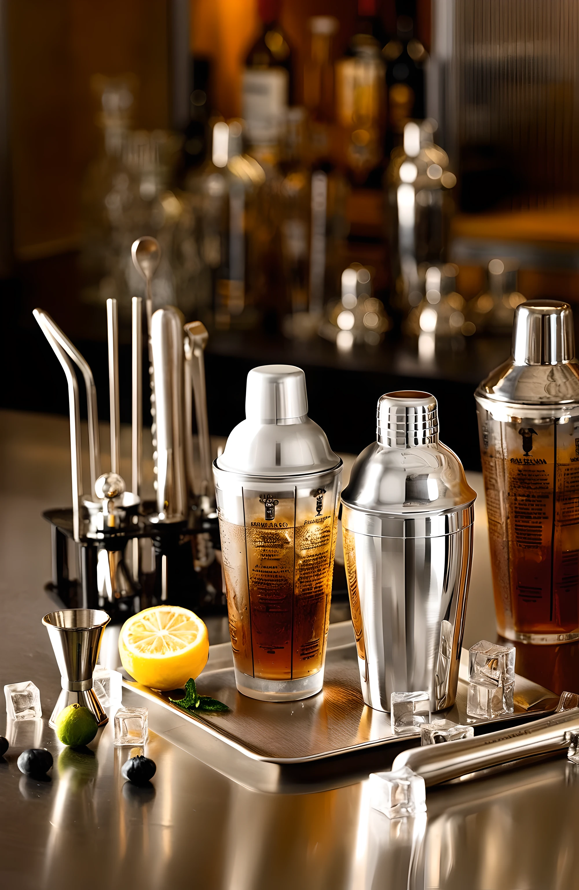 Create a photorealistic image showcasing the gleaming essence of a professional bartender's station in a moment of stillness. The composition centers on a flawless stainless steel counter, its surface polished to a mirror-like finish, reflecting the warm, ambient light of a sophisticated bar interior. The steel's high shine and lustrous texture are free from any blemishes, emphasizing the clean, pristine condition of the work area.
Atop this immaculate surface sits a trio of Boston shakers, their contents a rich amber liquid mingling with ice. The stainless steel of the shakers boasts a similar impeccable sheen, with high gloss that captures and bends the light, contributing to the overall spotless aesthetic.
Arranged with precision on a sleek matte black stand are various bartending tools—barspoons, strainers, and jiggers. Each tool is crafted from stainless steel, displaying a strong, glossy texture that speaks to the station's unblemished and luminous character.
Accents of natural color come from a freshly cut lemon and a small lime, alongside a sprig of mint, evoking a sense of freshness. In the softly blurred background, premium bottles of alcohol are hinted at, their silhouettes and the deep colors of their contents suggesting luxury and quality.
Completing the scene, scattered ice cubes lie on the counter, crystal clear and without a trace of melting or smudging, each one catching the light to sparkle against the backdrop of this immaculate and radiant bartender's haven.