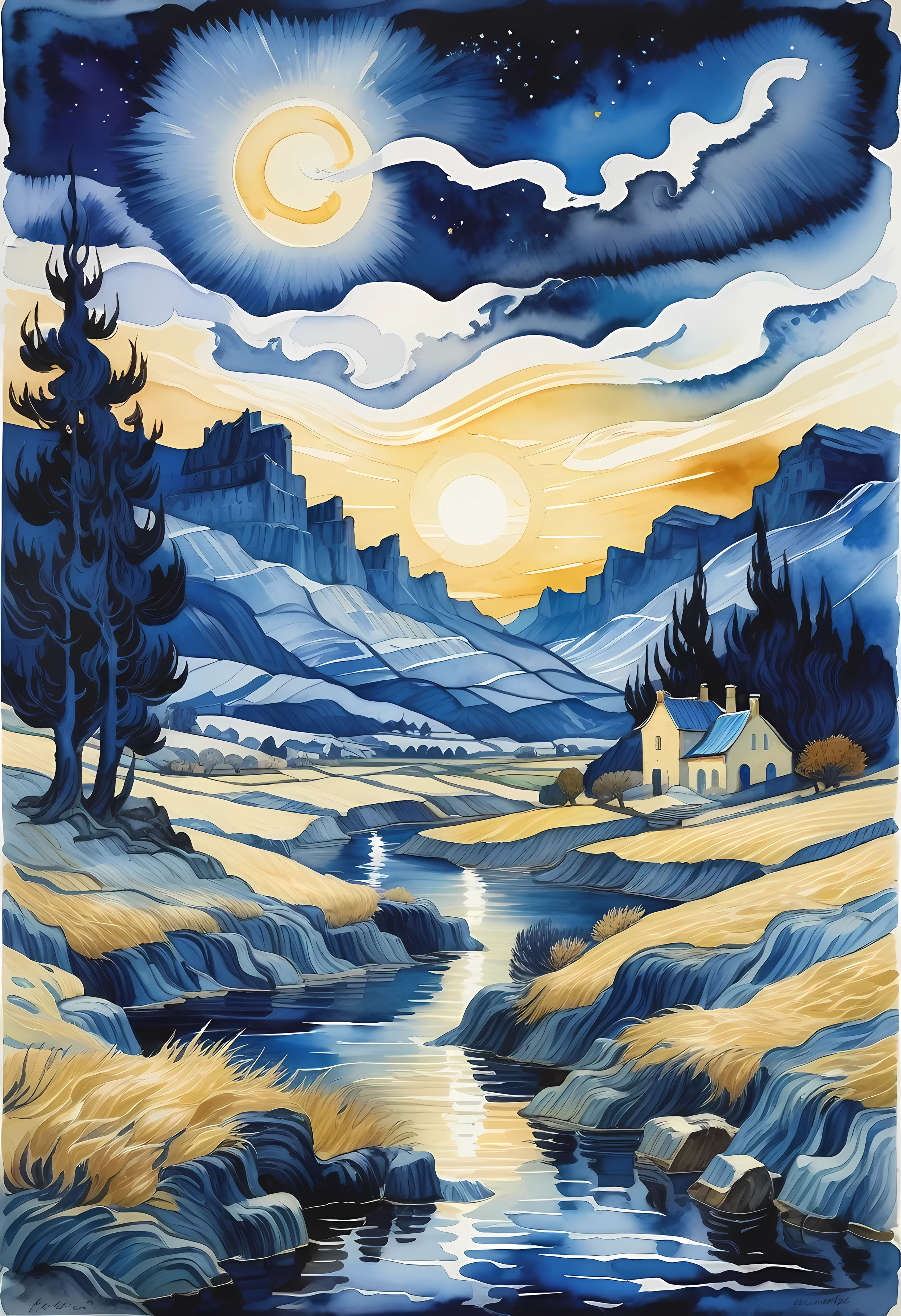 Dark blue fantasy landscape, van gogh style, watercolor, Popular topics on ArtStation, sharp focus, Studio photos, intricate details, Very detailed, author：Greg Rutkoski