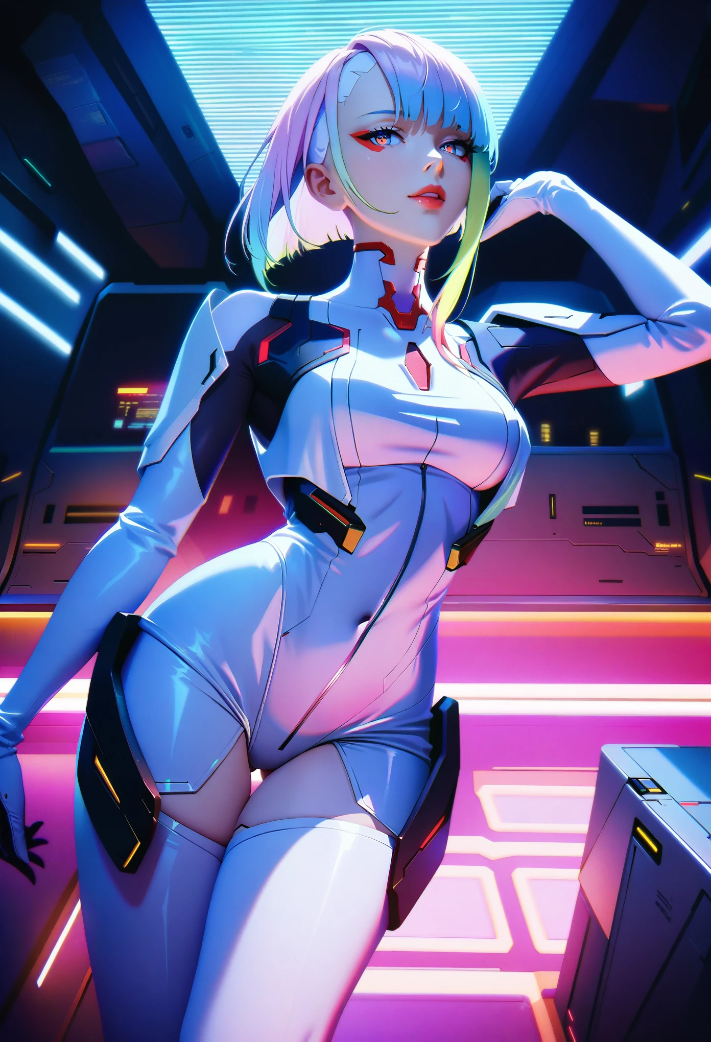 1girl,lucy \(cyberpunk\),cyberpunk \(series\), cyborg, white bodysuit, wearing helmet, white elbow gloves, white thigh boots, futuristic, cinematic, sensual, seductive, lips, parted lips, cyberpunk, indoors, shuttle, contrapposto, seductive smile, ((beautifully detailed multicolored eyes):1.5)