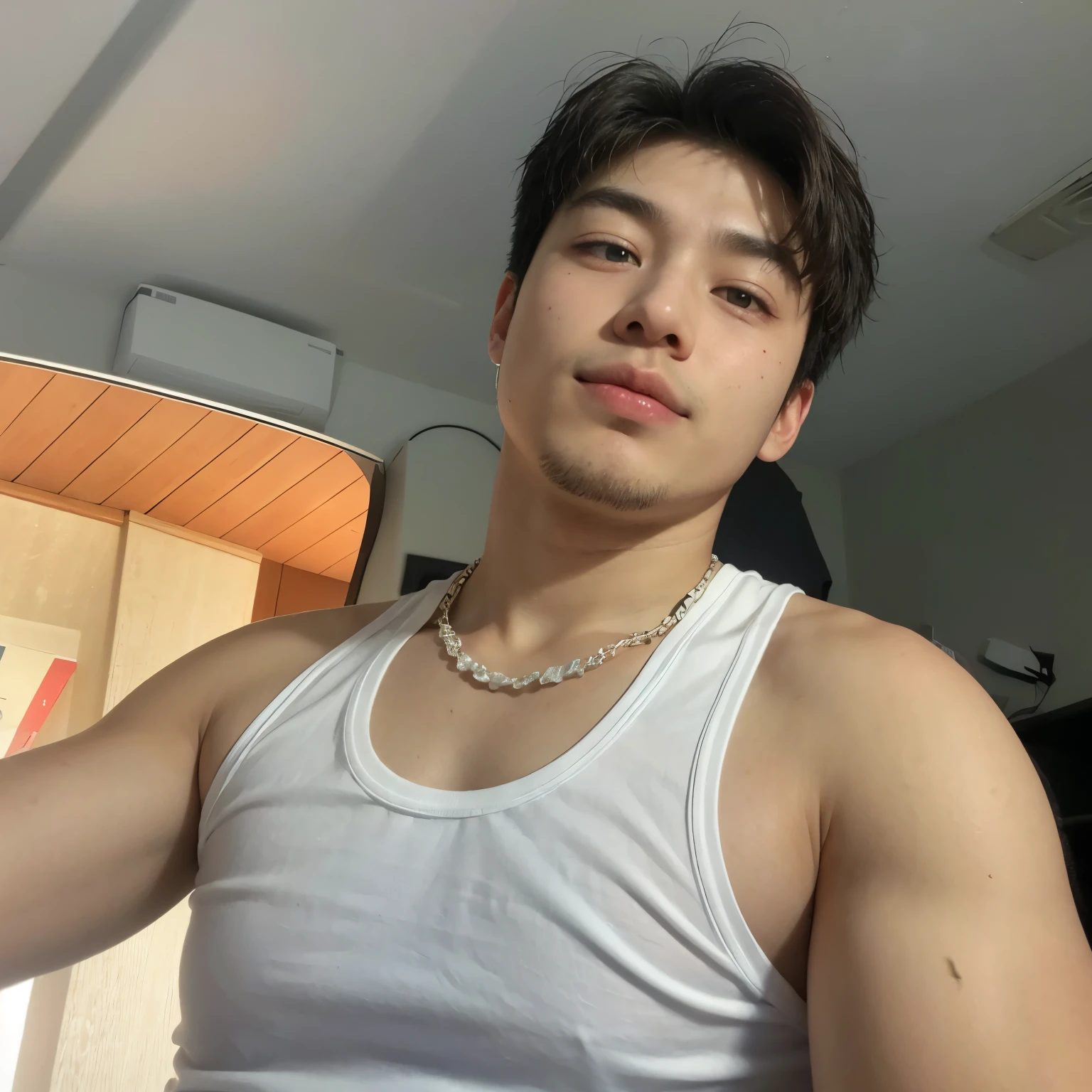 there is a man in a white t-shirt holding a cell phone, usando una camiseta sin mangas escotada, 27 years old, usando una camiseta sin mangas, guapo chad chin, john jude palencar, foto de perfil en la cabeza, usando camiseta sin mangas, 21 years, 22 years, 23 years, 18 years, asian man