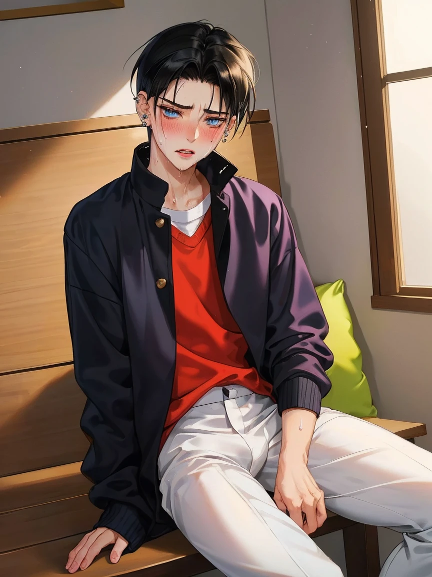1 boy(15 years old、Levi Ackerman、black hair、cartilage piercing、blush、Sweat)、、between legs(bulge)、upright