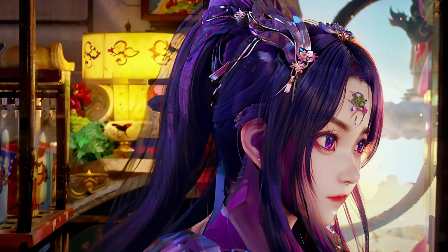 ((best quality)), ((masterpiece)), (detailed), perfect face, pretty face, beautiful face, ager female, beautiful body, magenta hair, straight hair, ponytail, amethyst crown, shiny purple dress, royal mistress dress, wear a pair of cat ear, black ancient dragon, dragon backgroud