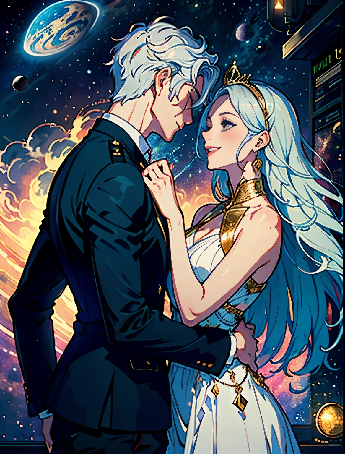  ((figure)), colorful, wallpaper, energy,secret,magical environment, Snazzy, perfection, elegant kindness, trendy Art Station, romance, passion, nice, Lovers,  Lovers, touch, very detailed, look at each other,god々New,godのように美New,Blue-haired and silver-haired lovers,long hair,swaying hair,wearing a crown,god々King and Queen of,space background,Couples with height difference,There is a difference in physique,gold decoration,smile,love each other