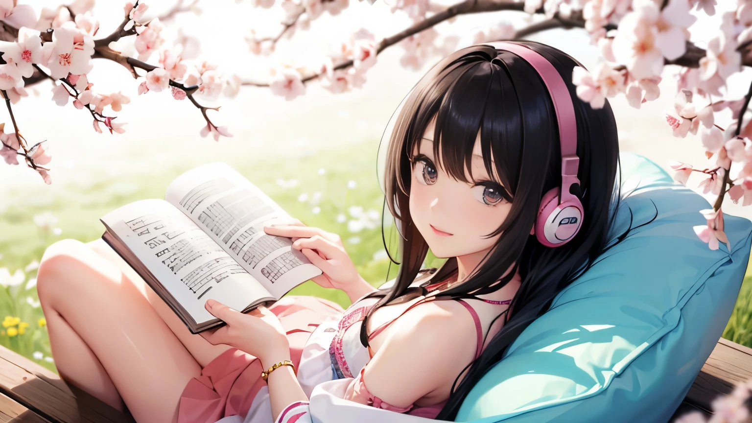 listen to music、do some reading、black hair girl、Sakura Kinoshita、full bloom