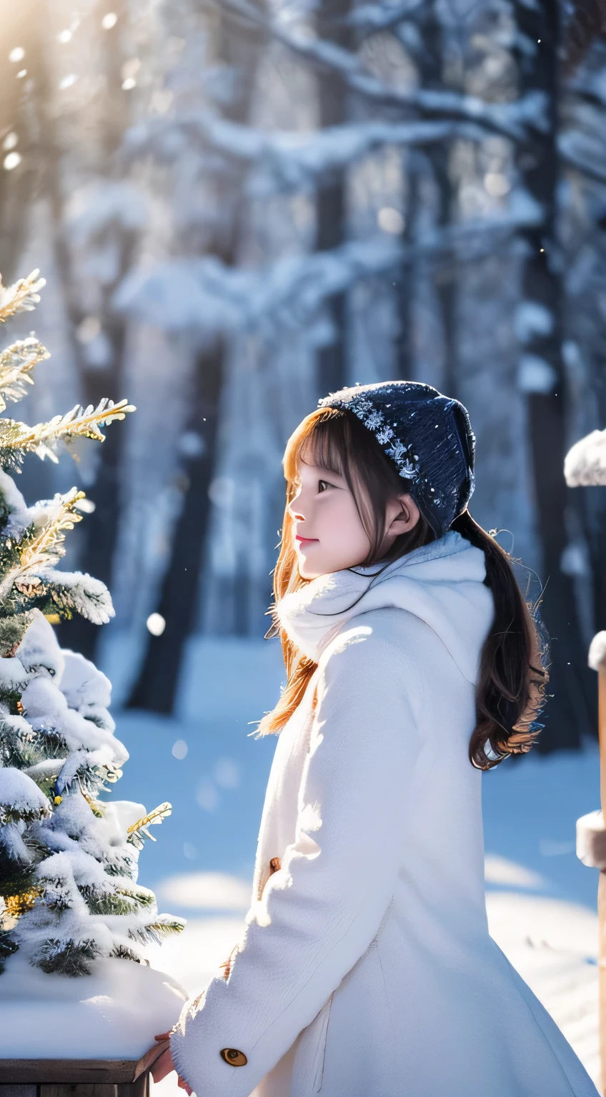 intricate design, photorealistic, hyper realistic, High resolution, very detailed, cinematic, UHD, HDR, 32k, ultra hd, realistic, (masterpiece, highest quality, High resolution, Super detailed, realism), white, world covered in snow, branches covered with snow, cold winter feel, Snowflakes dance like elves, Turn the world into a silver fairy tale, cold, Quiet and beautiful snow scene, comfortable and calm, Bright colors, full body, Princess, 1 girl, 16 years old, baby face, white hair, (artistic pose),