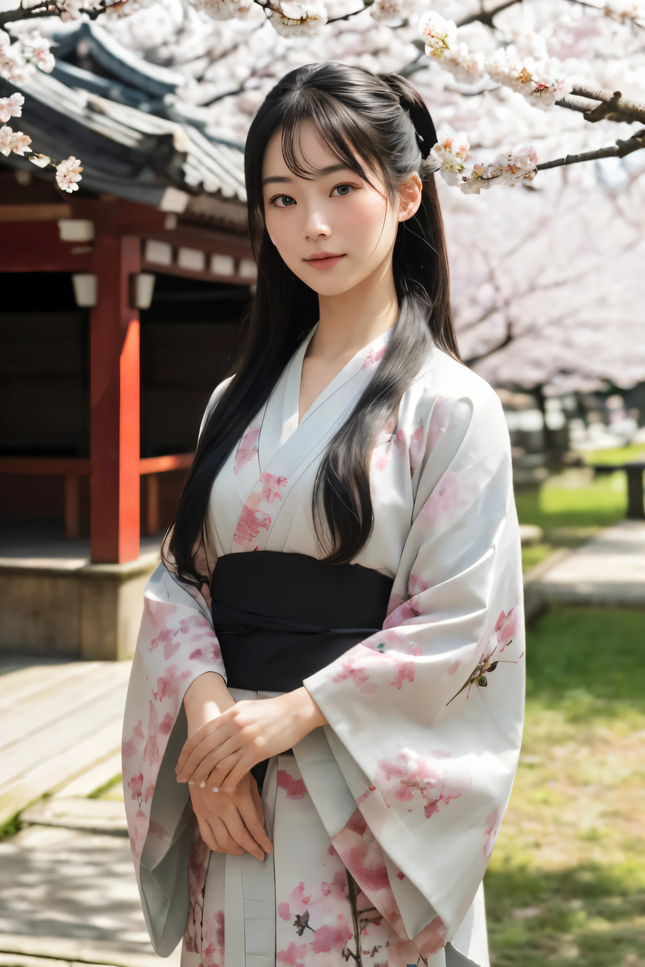 8K, Raw photo, highest quality, masterpiece:1.3),(realistic, photo-realistic:1.37),realistic skin texture,(photorealistic:1.3),(hyperrealistic:1.2), 1 cute girl,alone,( beautiful eyes:1.2),perfect face,Are standing,black hair,long hair,outdoor,kimono、visiting、Kimono color　black、Hairstyle up、Scenery of cherry blossoms


