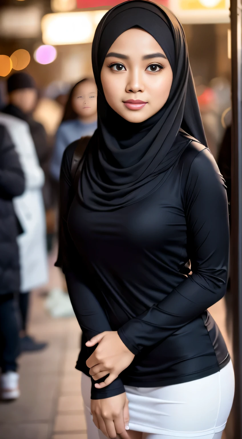 RAW, Best quality, high resolution, masterpiece: 1.3), Beautiful Malay woman in hijab (iu:0.8),looking at viewer, Portrait photography of a beautiful young malay girl in hijab wearing tight long sleeve tshirt and short skirt with leggings celebrate birthday, big breast, Detailed eyes, busy market， diffuse lighting, depth of fields