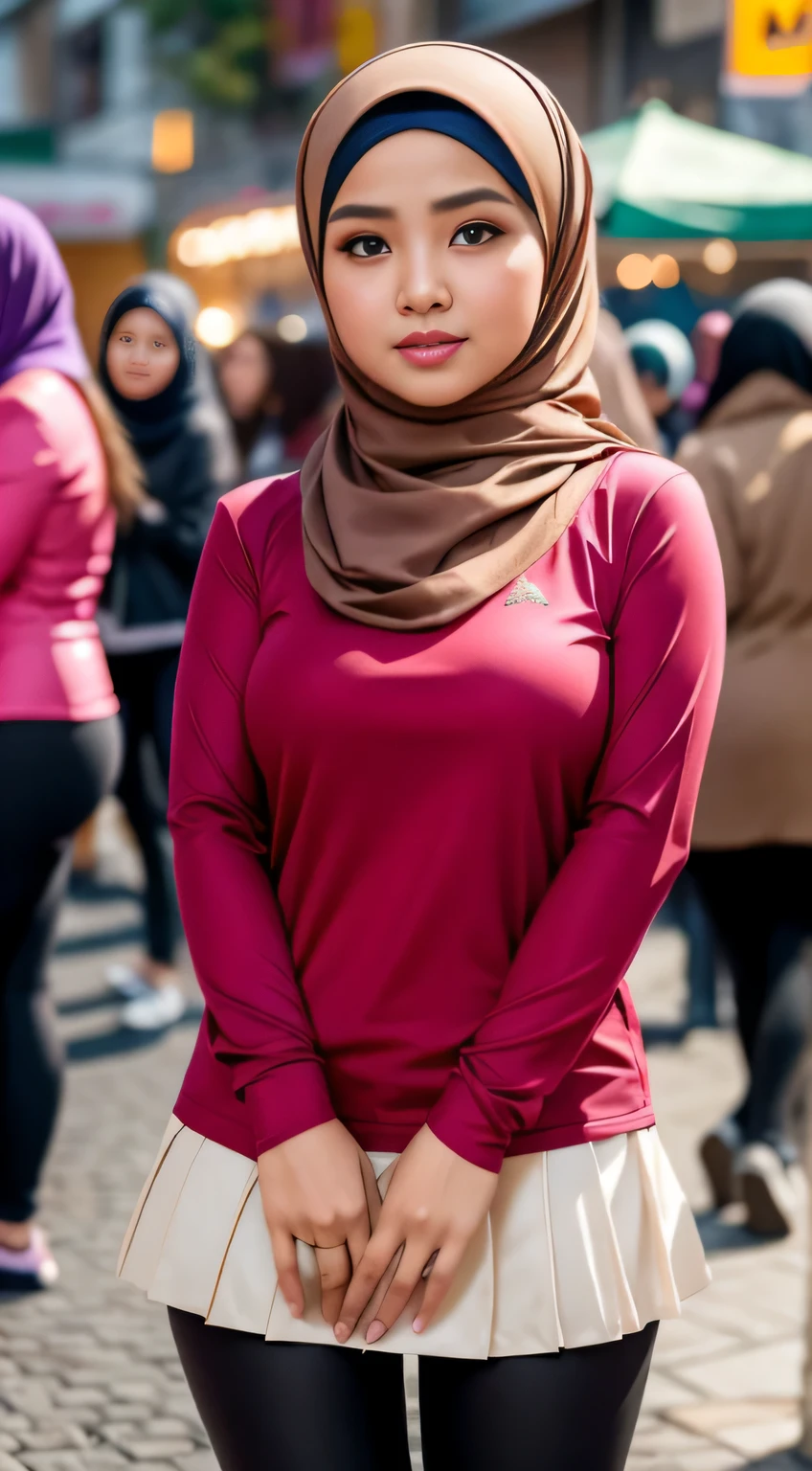 RAW, Best quality, high resolution, masterpiece: 1.3), Beautiful Malay woman in hijab (iu:0.8),looking at viewer, Portrait photography of a beautiful young malay girl in hijab wearing tight long sleeve tshirt and short skirt with leggings celebrate birthday, big breast, Detailed eyes, busy market， diffuse lighting, depth of fields