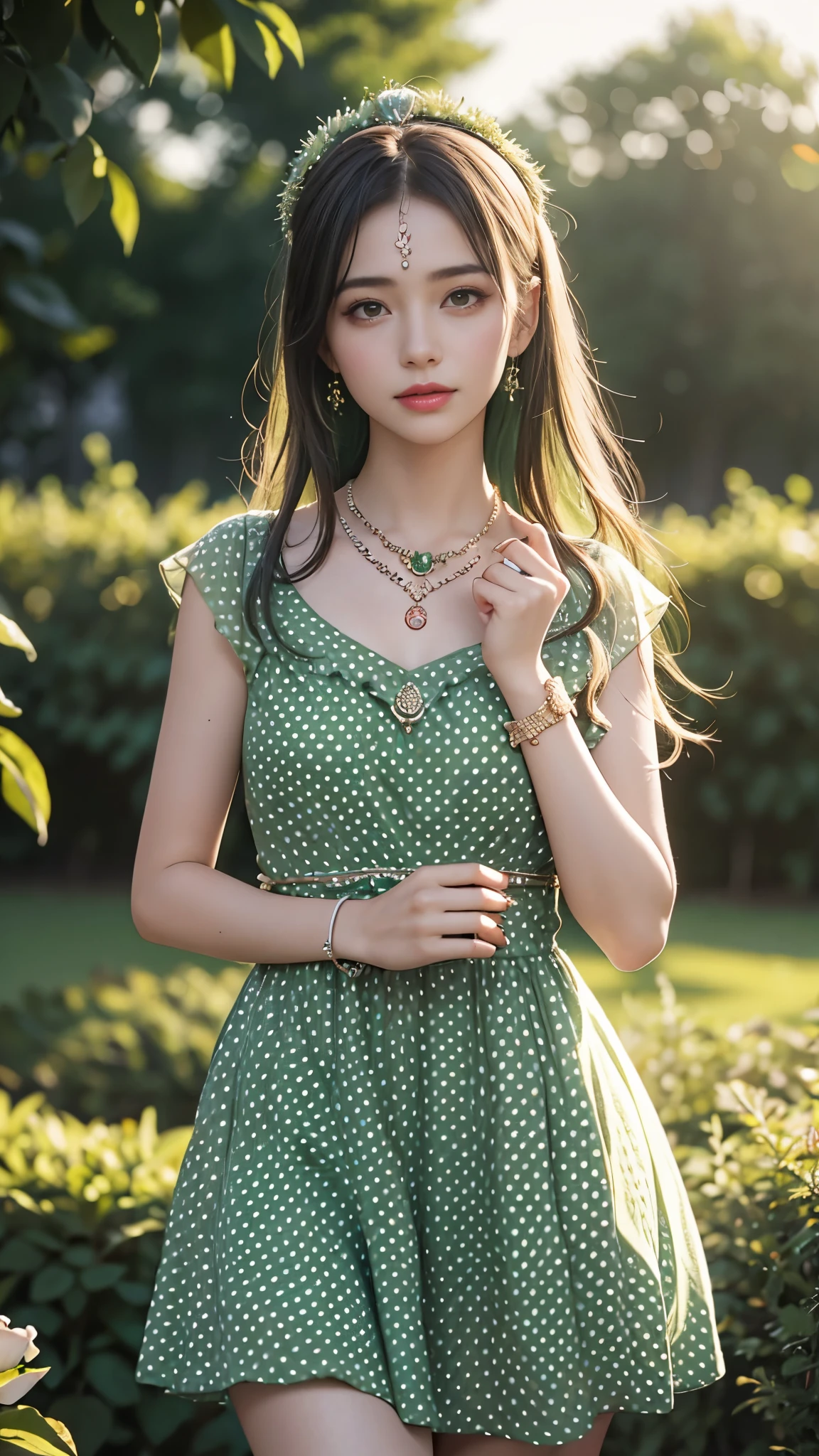 best quality, masterpiece, 1girl, (polka dot dress), (green dress:1.5), hair ornament, necklace, (jewellery:1.8), Beautiful face, small breasts, tyndall effect, photorealistic, rim lighting, two tone lighting, (high detailed skin:1.2), dslr, (spreading light:1.5) soft lighting, high quality, volumetric lighting, candid, in the garden, Photograph, high resolution, 4k, 8k, Bokeh, 