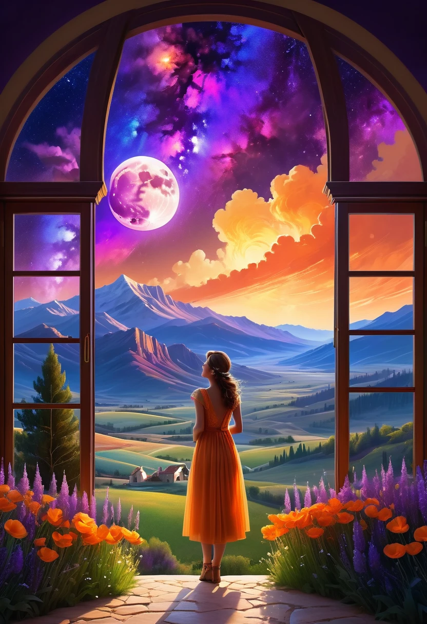 Windows in Roman architectural style,Girl standing by the window,The scenery outside the window,Looking out from the window,vast landscape photos, (A view of the sky and the wilderness below), Standing in the flower field and looking up, (full moon: 1.2), (meteor: 0.9), (nebula: 1.3), distant mountains, The art of tree folding, (Warm light source: 1.2), (firefly: 1.2), lamp, purple and orange, intricate details, Volumetric lightingBREAK (masterpiece: 1.2), (best quality ), 4K, Super detailed, (Dynamic configuration: 1.4), Highly detailed and colorful details (iridescent: 1.2), (sparkling lights, mood lighting), fantastic, magic, (alone: 1.2)