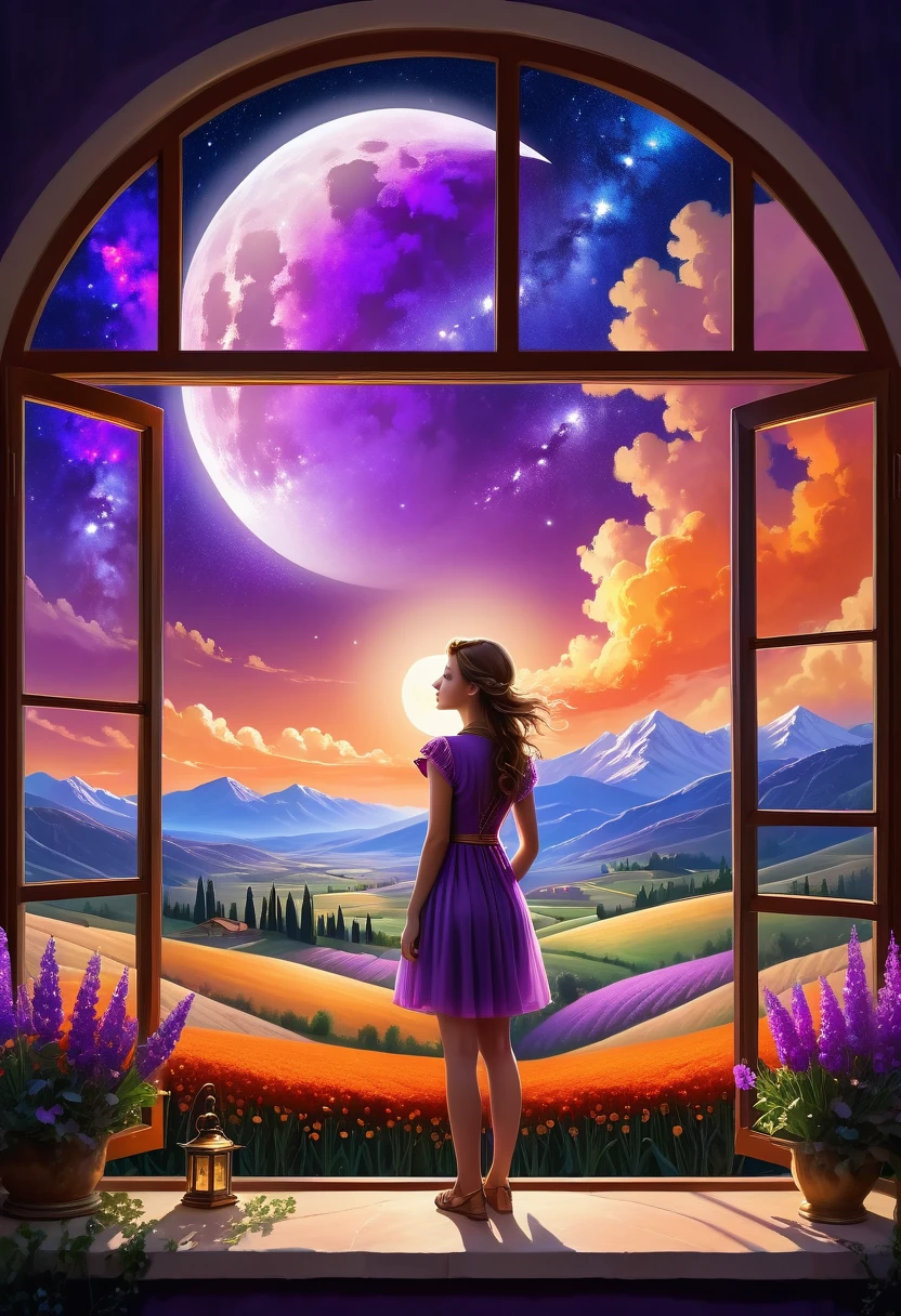  Windows in Roman architectural style，Girl standing by the window，The scenery outside the window，Looking out from the window，vast landscape photos, (A view of the sky and the wilderness below), Standing in the flower field and looking up, (full moon: 1.2), (meteor: 0.9), (nebula: 1.3), distant mountains, The art of tree folding, (Warm light source: 1.2), (firefly: 1.2), lamp, purple and orange, intricate details, Volumetric lightingBREAK (masterpiece: 1.2), (best quality ), 4K, Super detailed, (Dynamic configuration: 1.4), Highly detailed and colorful details (iridescent: 1.2), (sparkling lights, mood lighting), fantastic, magic, (alone: 1.2)