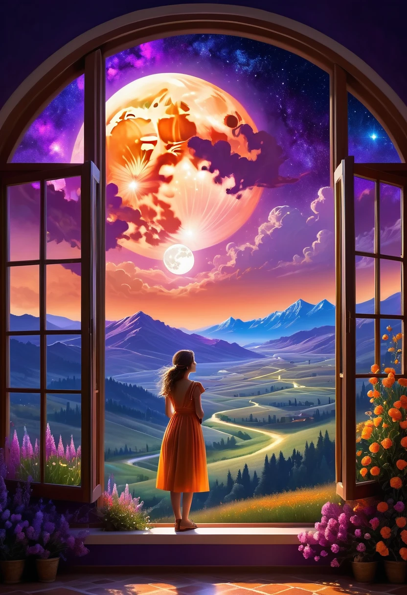  Windows in Roman architectural style，Girl standing by the window，The scenery outside the window，Looking out from the window，vast landscape photos, (A view of the sky and the wilderness below), Standing in the flower field and looking up, (full moon: 1.2), (meteor: 0.9), (nebula: 1.3), distant mountains, The art of tree folding, (Warm light source: 1.2), (firefly: 1.2), lamp, purple and orange, intricate details, Volumetric lightingBREAK (masterpiece: 1.2), (best quality ), 4K, Super detailed, (Dynamic configuration: 1.4), Highly detailed and colorful details (iridescent: 1.2), (sparkling lights, mood lighting), fantastic, magic, (alone: 1.2)