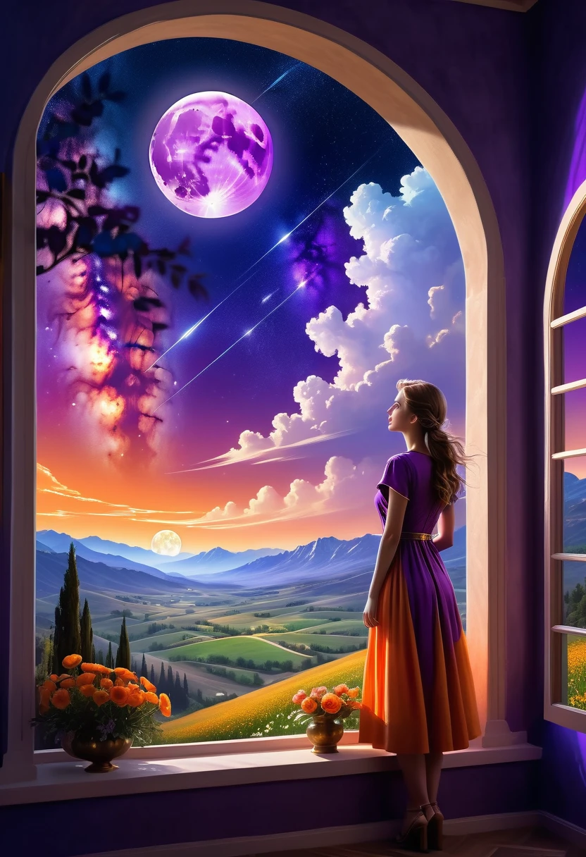 Windows in Roman architectural style,Girl standing by the window,The scenery outside the window,Looking out from the window,vast landscape photos, (A view of the sky and the wilderness below), Standing in the flower field and looking up, (full moon: 1.2), (meteor: 0.9), (nebula: 1.3), distant mountains, The art of tree folding, (Warm light source: 1.2), (firefly: 1.2), lamp, purple and orange, intricate details, Volumetric lightingBREAK (masterpiece: 1.2), (best quality ), 4K, Super detailed, (Dynamic configuration: 1.4), Highly detailed and colorful details (iridescent: 1.2), (sparkling lights, mood lighting), fantastic, magic, (alone: 1.2)