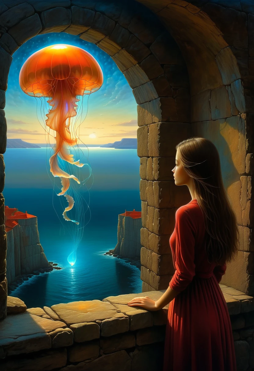 beautiful dark room,There is a big window, The scenery outside the window,Looking out from the window,Girl looking into the distance at the window,The Faceless Stone Woman on the Bridge,Handheld Light,Background with jellyfish, With the sky as a background, Brome's Art, Magic artwork, super fine, Fantasy Art Surrealism Beksinski