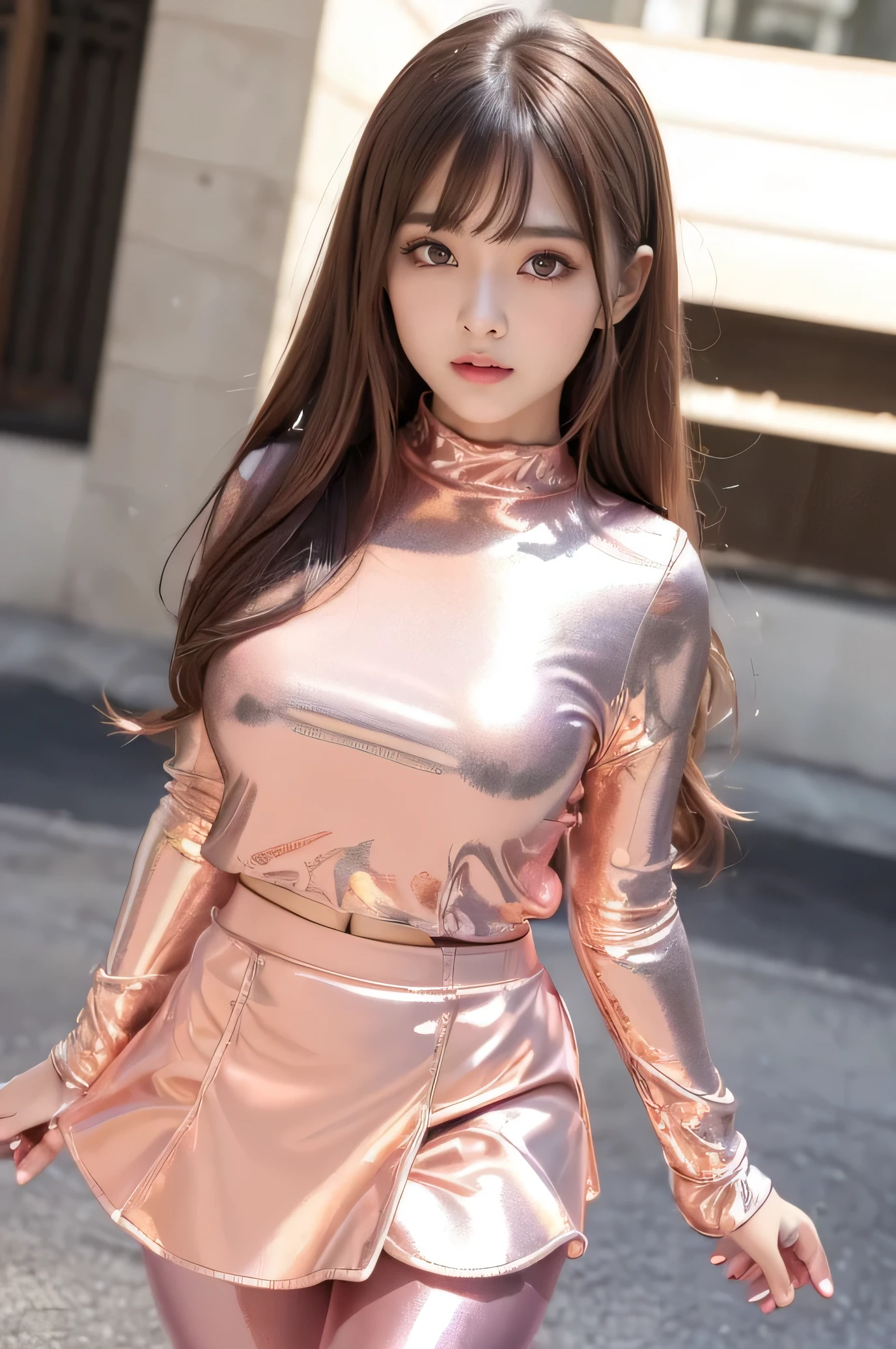 Angelic Very beautiful cute girl,,
Beautiful detailed eyes,
Detailed double eyelids,
(Large eyes:1.4),
Long straight brown hair,
see-through bangs,
Sharp Focus,small straight nose,
beautiful detailed face and eyes,
drooping eyes,
(Soft Saturation: 1.3), (Fair skin: 1.2),BREAK (Super Shiny metallic peachy pink tight mini skirt:1.5),
( Super shiny Metallic peachy pink fashionable long sleeves tops:1.3) , (Super shiny pantyhose:1.4) ,(costume with strong refrective surfaces:1.5), Walking,
Costume lighting,
In the street ,
(Brown hair:1.3)
