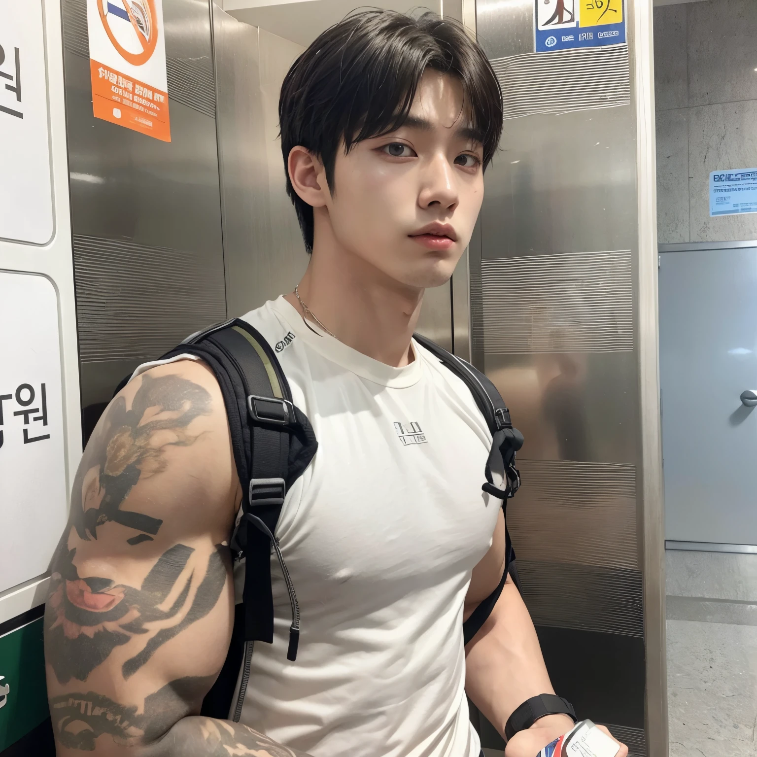 hay un hombre con una mochila parado en un ascensor, hombre surcoreano, kim taejin, korean muscle boy 2 1 years, jinyoung shin, hyung tae, Hong June Hyung, quien es siwoo, hyung tae kim, Jaeyeon Nam, joongwon charles jeong, 27 years old, kim doyoung, hyung-tae kim, hyung - tae kim