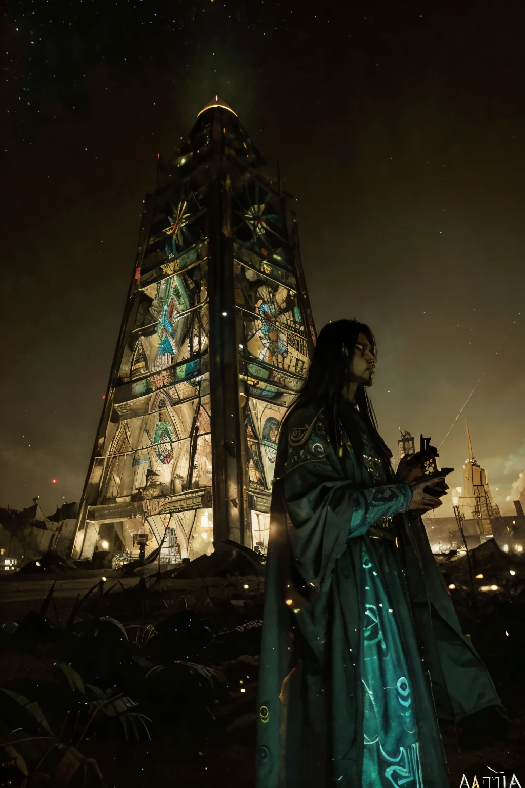 Cristo salvador entre un mundo apocaliptico saliendo victorioso en un desierto tipo cyber punk art abstracto tipo efecto de dmt sagrado representacion de lmal contra el bien en la vida y el mundo em el que vivimos como naturaleza piramides y simbologia sagrada 