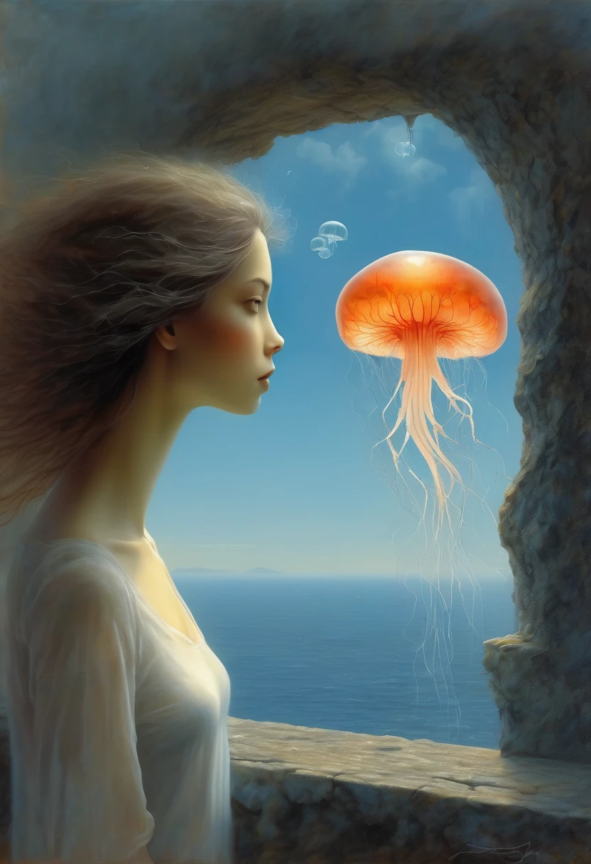 The scenery outside the window，Looking out from the window，Girl looking into the distance at the window，The Faceless Stone Woman on the Bridge，Handheld Light，Background with jellyfish, With the sky as a background, Brome&#39;s Art, Magic  artwork, super fine, Fantasy Art Surrealism Beksinski