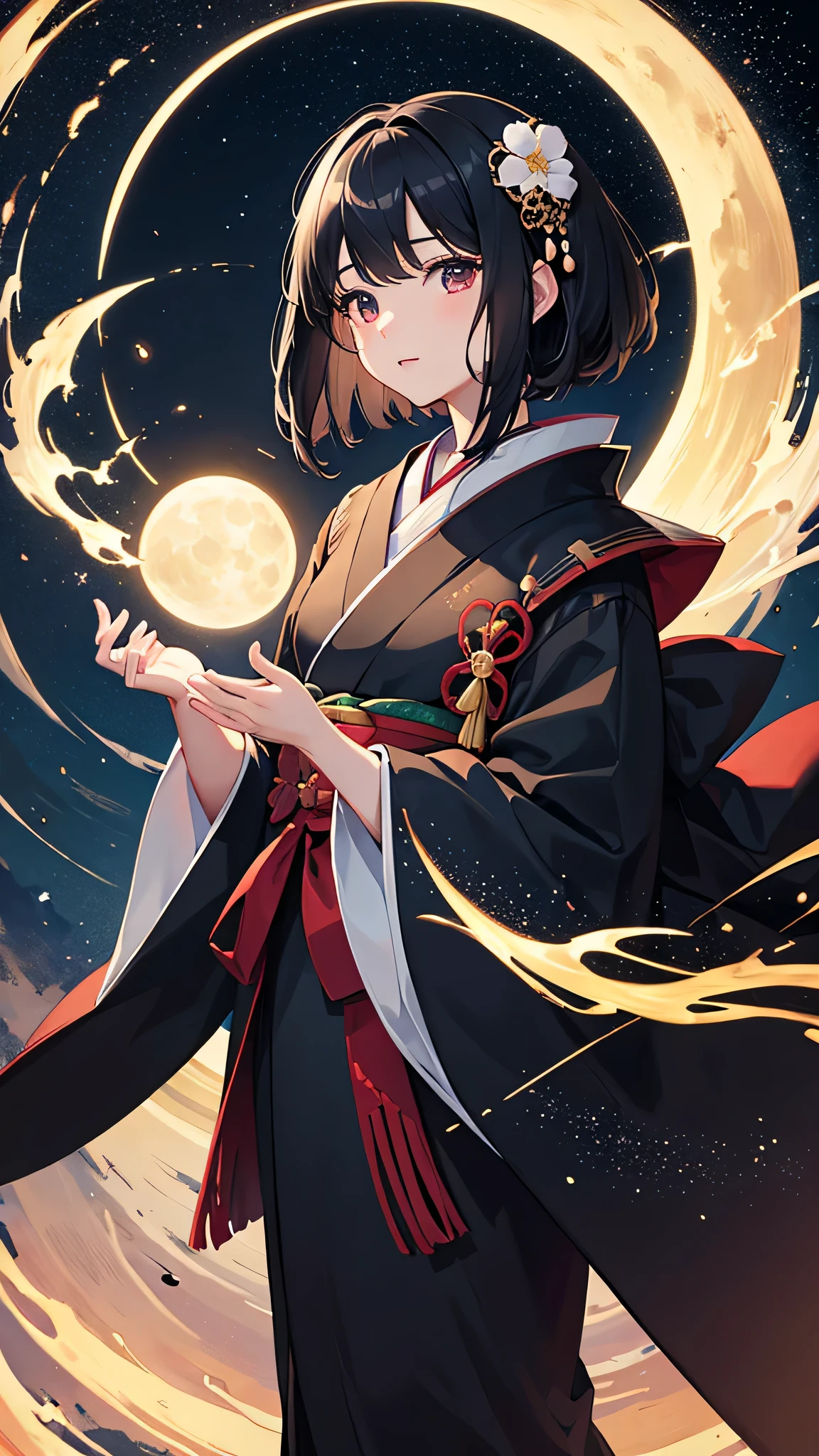 masterpiece、highest quality、8k、Super detailed depiction、black hair、short hair、clear、kimono、moon、starry sky、Kaguyahime