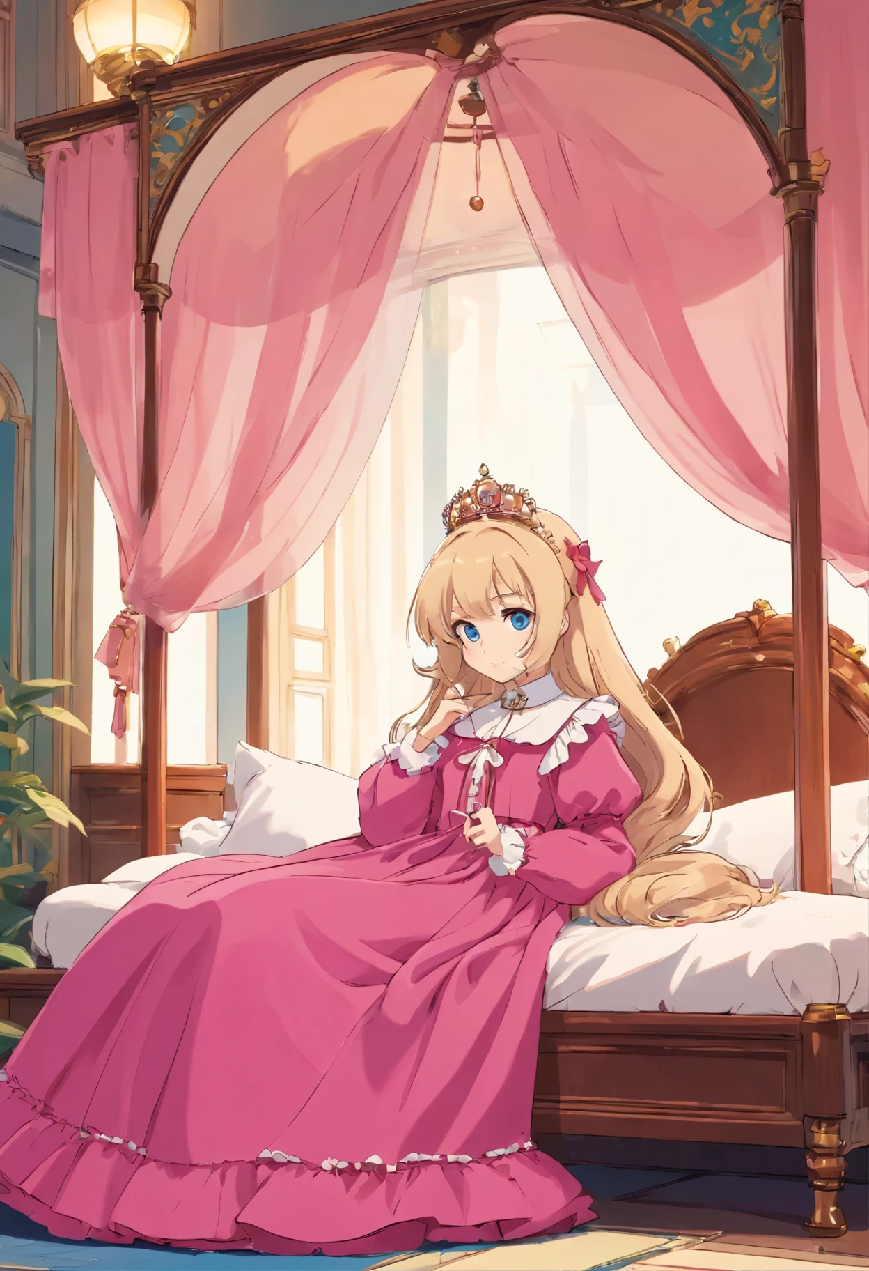 It is important to note that this is a contemporary anime illustration style.10-year-old princess、ta style hot pink dress with white ruffled yoke collar and full length ball gown dress with hoop skirt、Long sleeves with puff sleeves、Soft and smooth fabric、long blonde hair that grows to the waist、blue eyes、white skin、Sit on a luxurious canopy bed in pink silk satin、Inside the palace bedroom,Modern Animation Contemporary Animated Illustration Contemporary cartoon illustration style is important to note that it is in the style of a modern cartoon illustration!