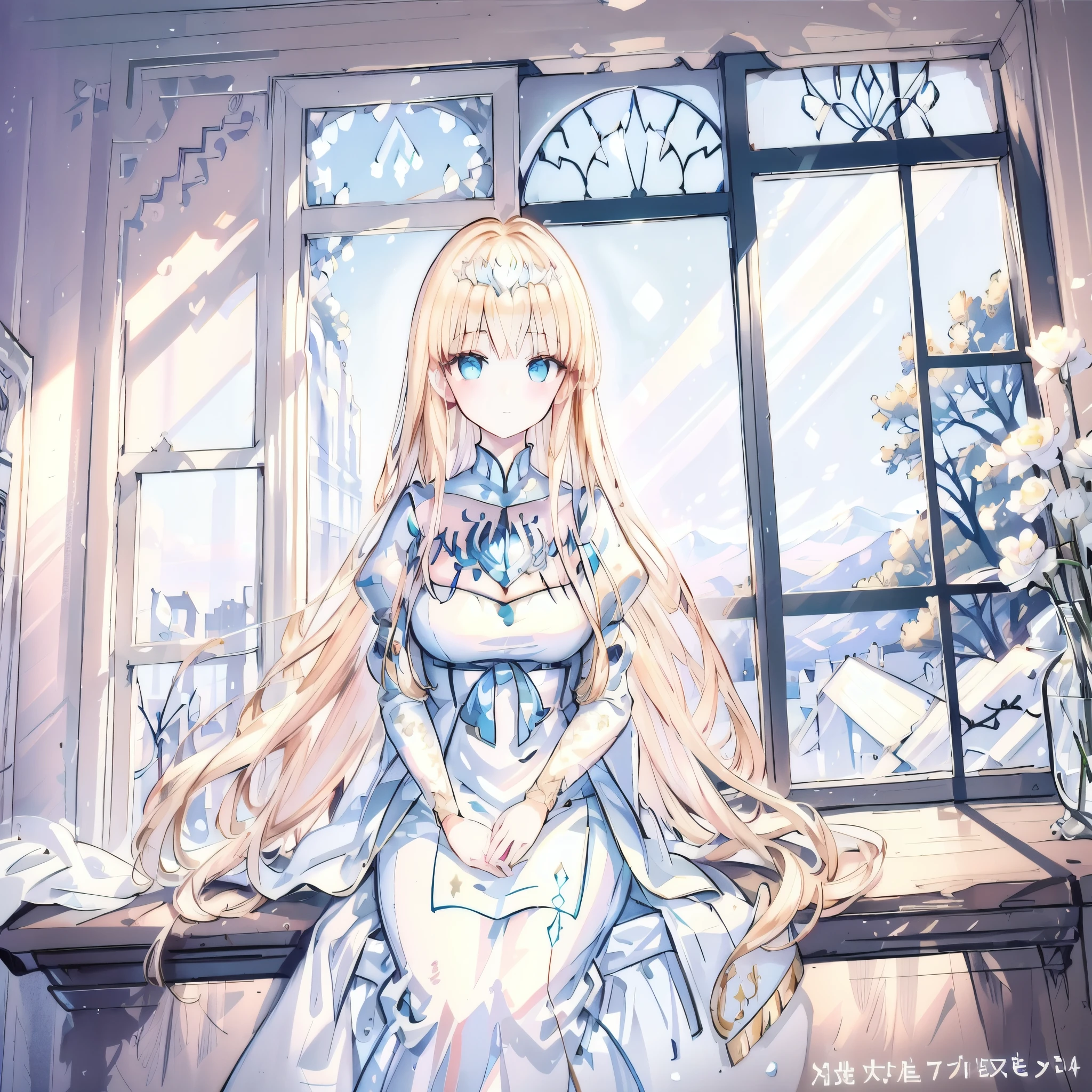 (Masterpiece), (Best Quality), Amazing, Beautiful Detail Eyes, Fine Details, Depth of Field, Original, ((Best Quality)), ((Super Detailed)), (Best Illustration), (Best Lighting, Best Shadow), (Very Delicate and Beautiful)), Very Detailed Wallpaper, Dream Background, From View, Landscape, Young Girl, Lori, Full Body, Beautiful Detail Eyes, Medium Breasts, winter, light, light makeup, interior, blush, looking out the window, wind blowing, floating, sitting at table, glass window, mirror, smirk,1angel, Calca, blonde hair, extremely long hair, super long hair, incredibly long hair, absurdly long hair, white tiara, white dress, blue eyes, medium breasts, two angel wings, large white wings.