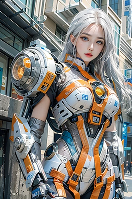 photorealistic, Realistic picture,Masterpiece,high resolution, woman ,have blue eyes, look at the viewer., (detailed face), has blue eyes,white hair, cybernetic robot,Metallic orange body,(The details of the outfit are perfect.) The background is a deserted city.