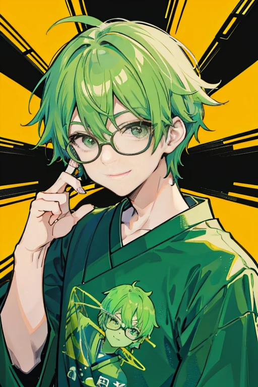 1 male,green hair,t-shirt, upper body,japanese male, male focus,smile,closed mouth,light background,wearing a glasses,anime