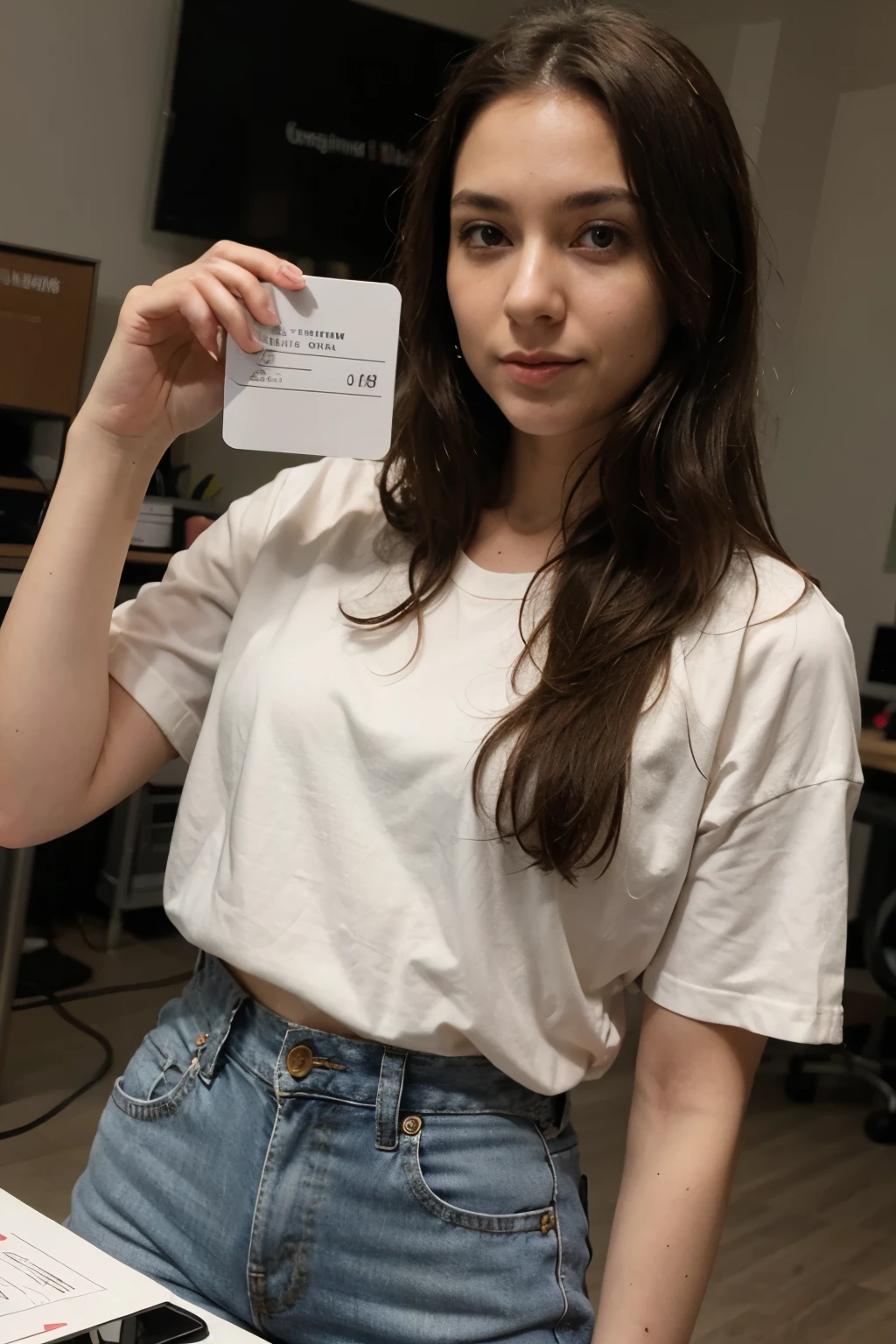((best quality)), ((masterpiece)), (detailed), perfect face, age about 20 years old, 1 girl, holding a large sheet of paper in his hand, holds sigma, shows a sheet of paper to the viewer, slender body, blue eyes, brown hair, looking at the viewer, dressed in a shirt, flowing long hair, full length, photo