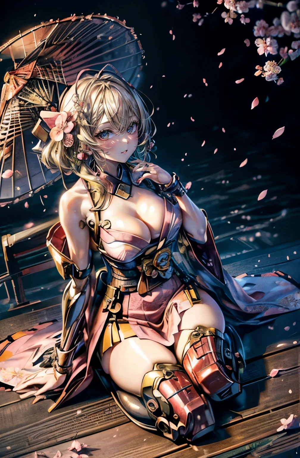 hyper quality、8K quality、High resolution、Image quality taken with a single-lens reflex camera、(SFW)、perfect anatomy、(桜🌸がテーマ)Oiran Mecha Girl、A beautiful blonde 20-year-old girl.orange eyes、(Good shape and normal breasts、cleavage)、Three-dimensional and realistic black mechanical parts、(Shoulder and one leg exposed:1.2)(mechanical unit on the back)、BREAK(wear a flashy pink kimono、long hem、Oiran:1.2)(Mechanical parts below the elbow and below the knee:1.3)BREAK、(perfect anatomy:1.4)BREAK(Cherry blossom viewing、raise one hand up、looking away:1.2)Cherry tree々(Cherry blossom petals fluttering around Togetsukyo Bridge:1.3)(portrait angle、perspective from above:1.5)