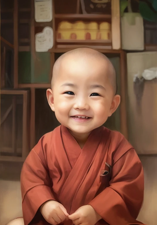 Alafid  wearing traditional clothes sitting on the floor, monk clothes, Buddhist, An innocent smile, cute numbers, Ruan Jia Meili!, Aang, portrait shooting, cute boy, a happy stills, strict, buddhist monk, avatar Aang, Little shy smile, innocent face, monk, with a happy expression, Nalanbato Gumbold